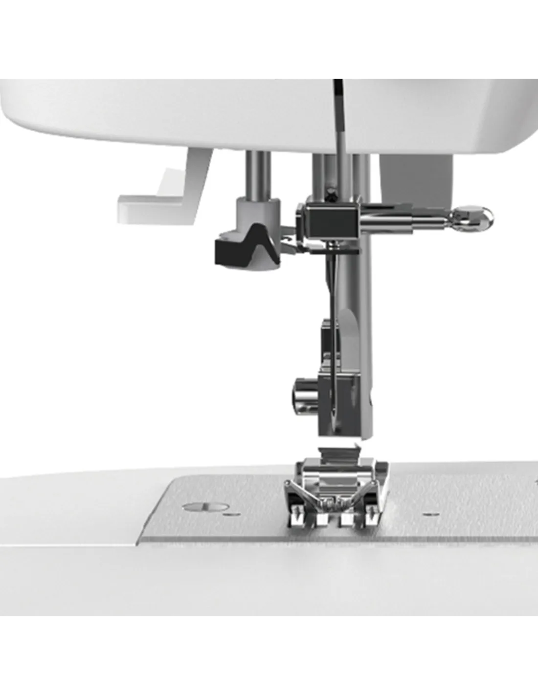 Close-up of the silver sewing machine foot bar and needle on a white machine.