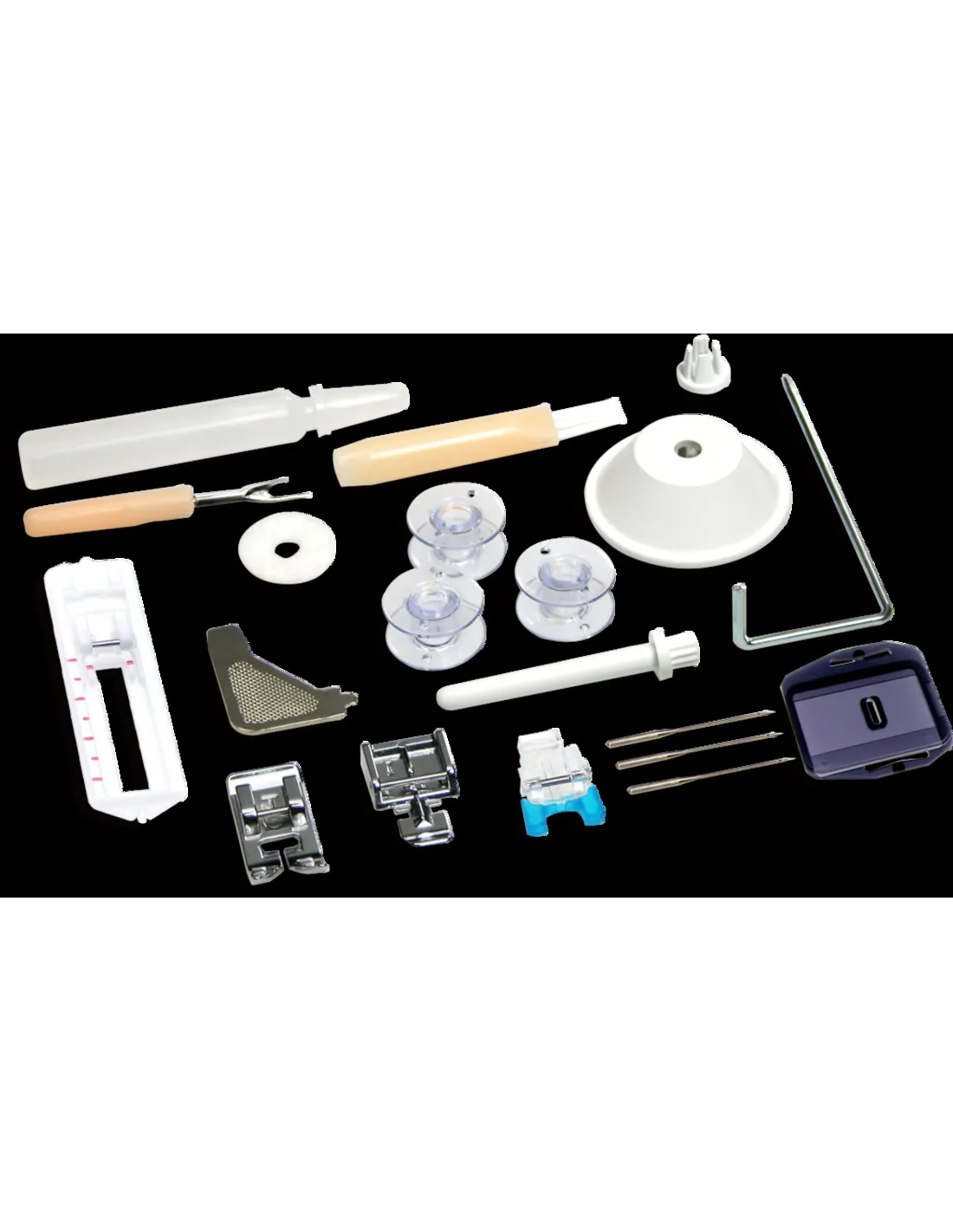 A collection of sewing machine accessories on a black background, including bobbins, presser feet, needles, and tools.