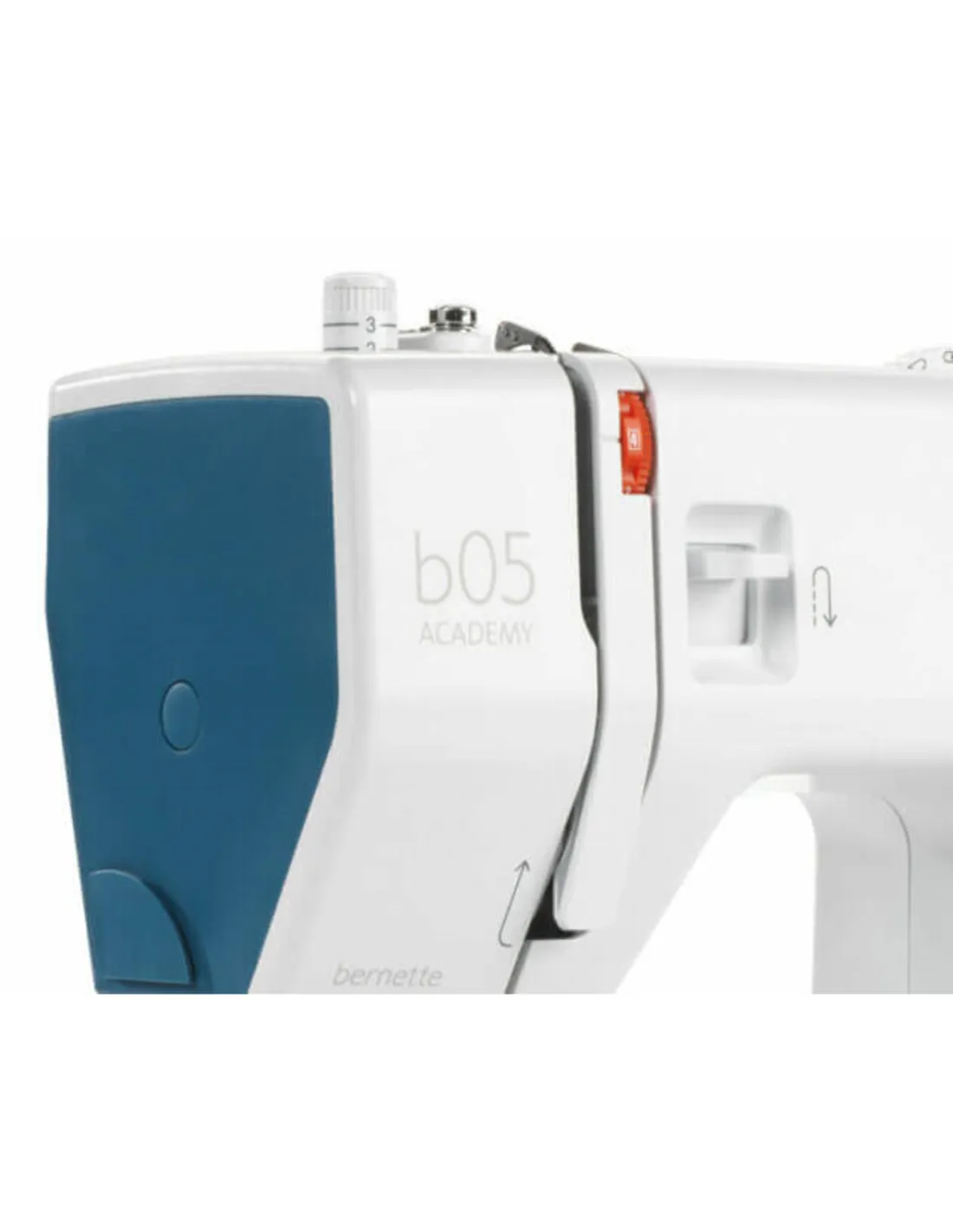 Close-up of the upper part of a white and blue Bernette b05 Academy sewing machine.