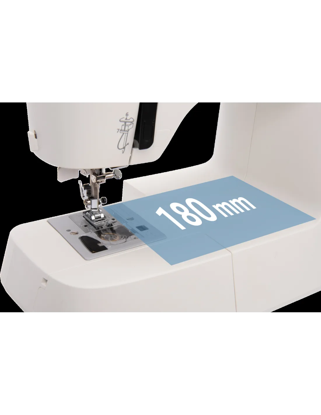 Close-up of a white sewing machine featuring a blue 180 mm measurement highlight on the bed.