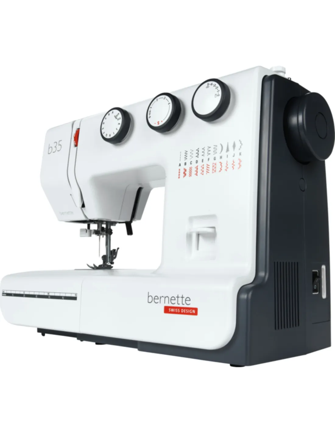 A white and black Bernette b35 sewing machine on a white background.