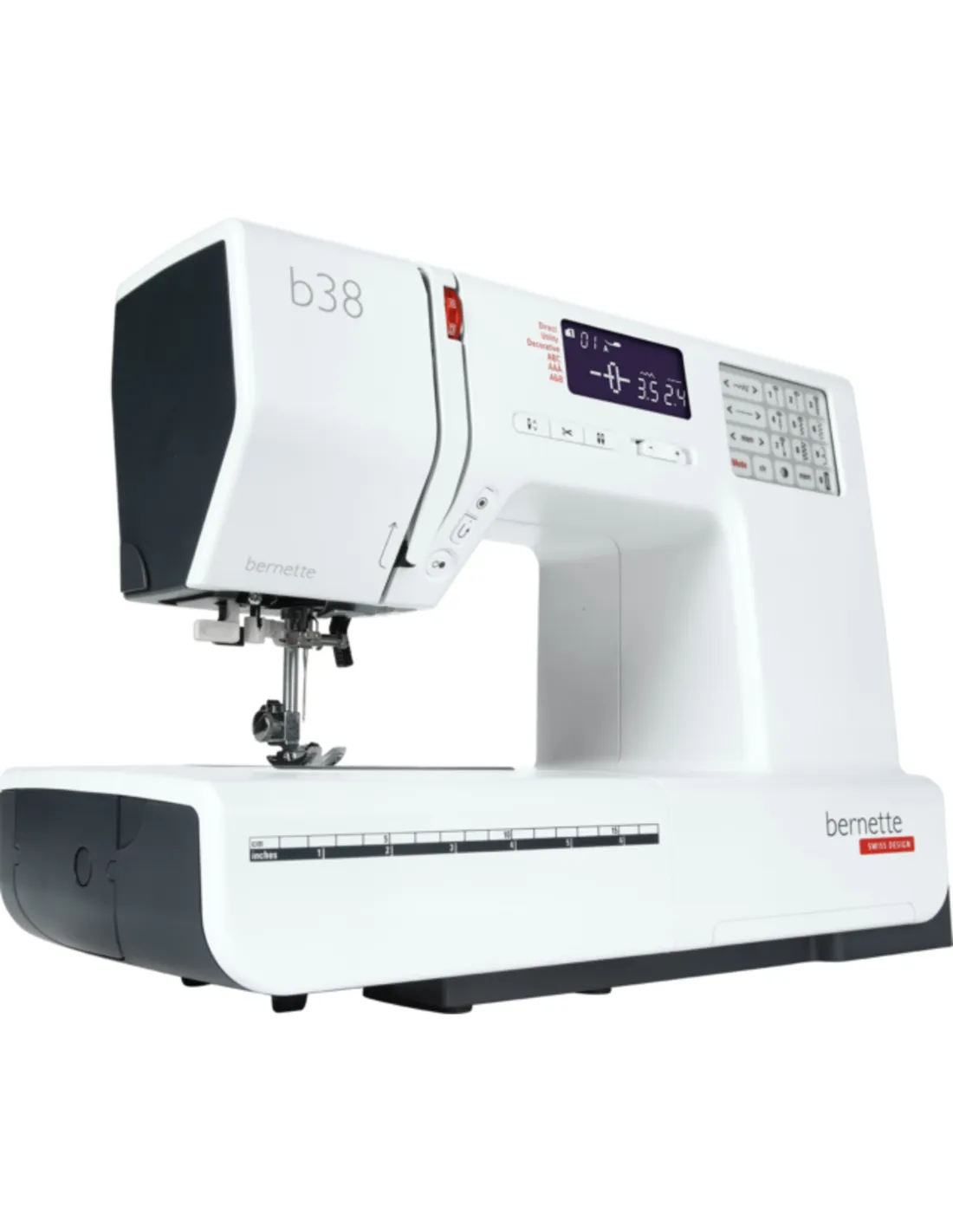 A white b38 computerized sewing machine with a digital display and grey accents on a white background.