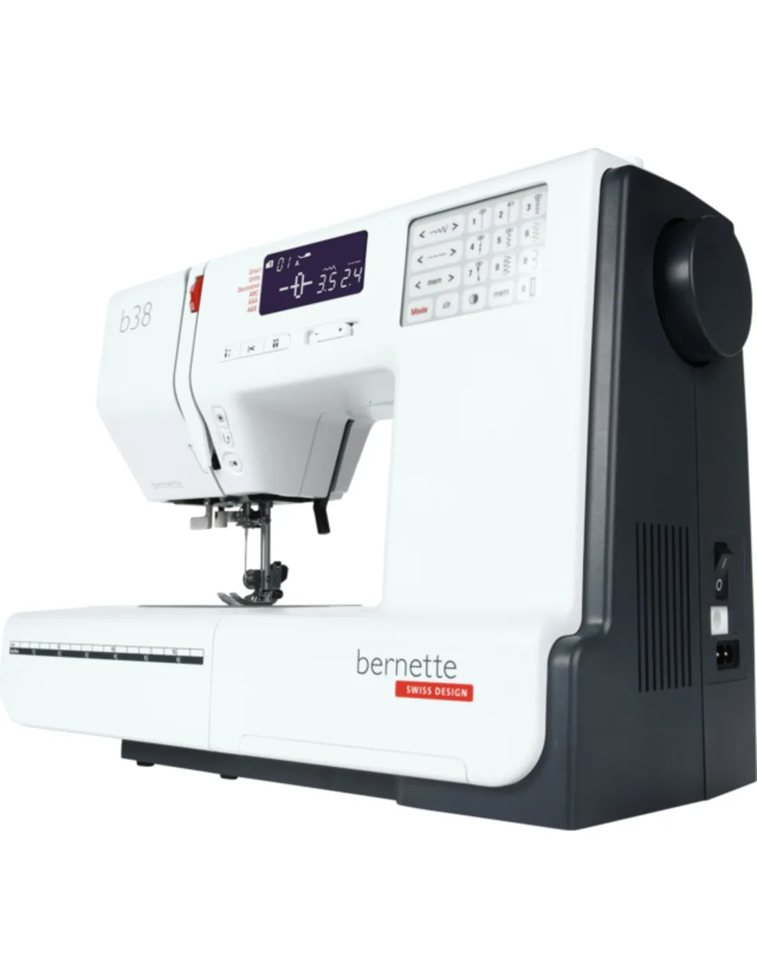 A white and black Bernette b38 sewing machine featuring a digital display and keypad against a white background.