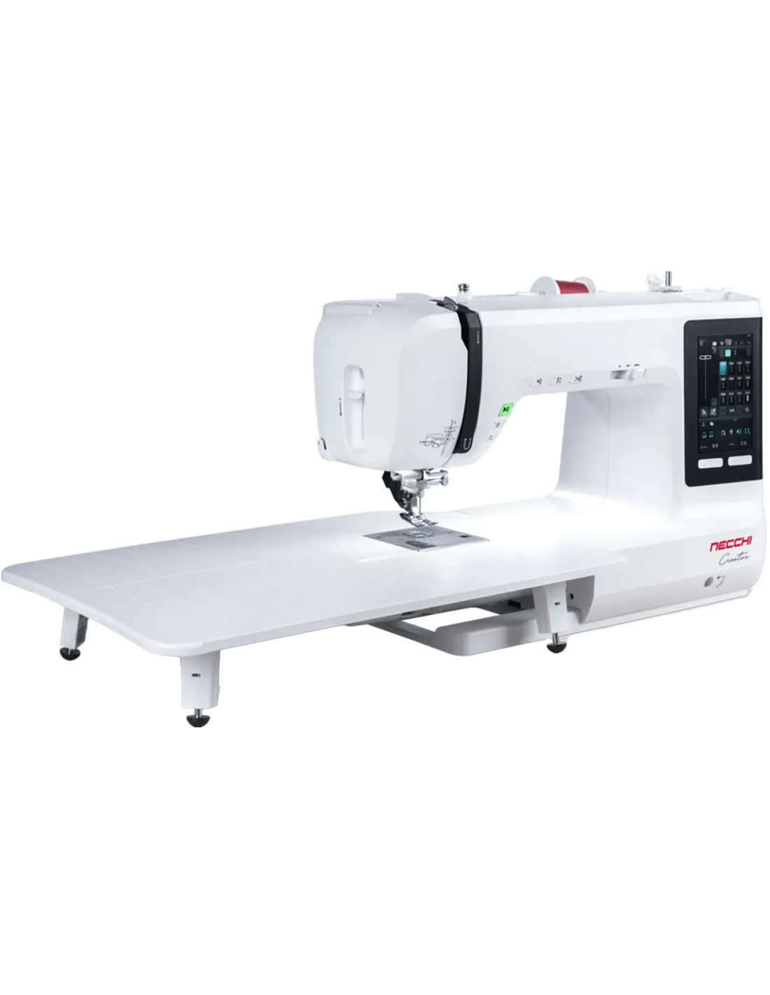 A modern white sewing machine with a large extension table and digital touch screen.