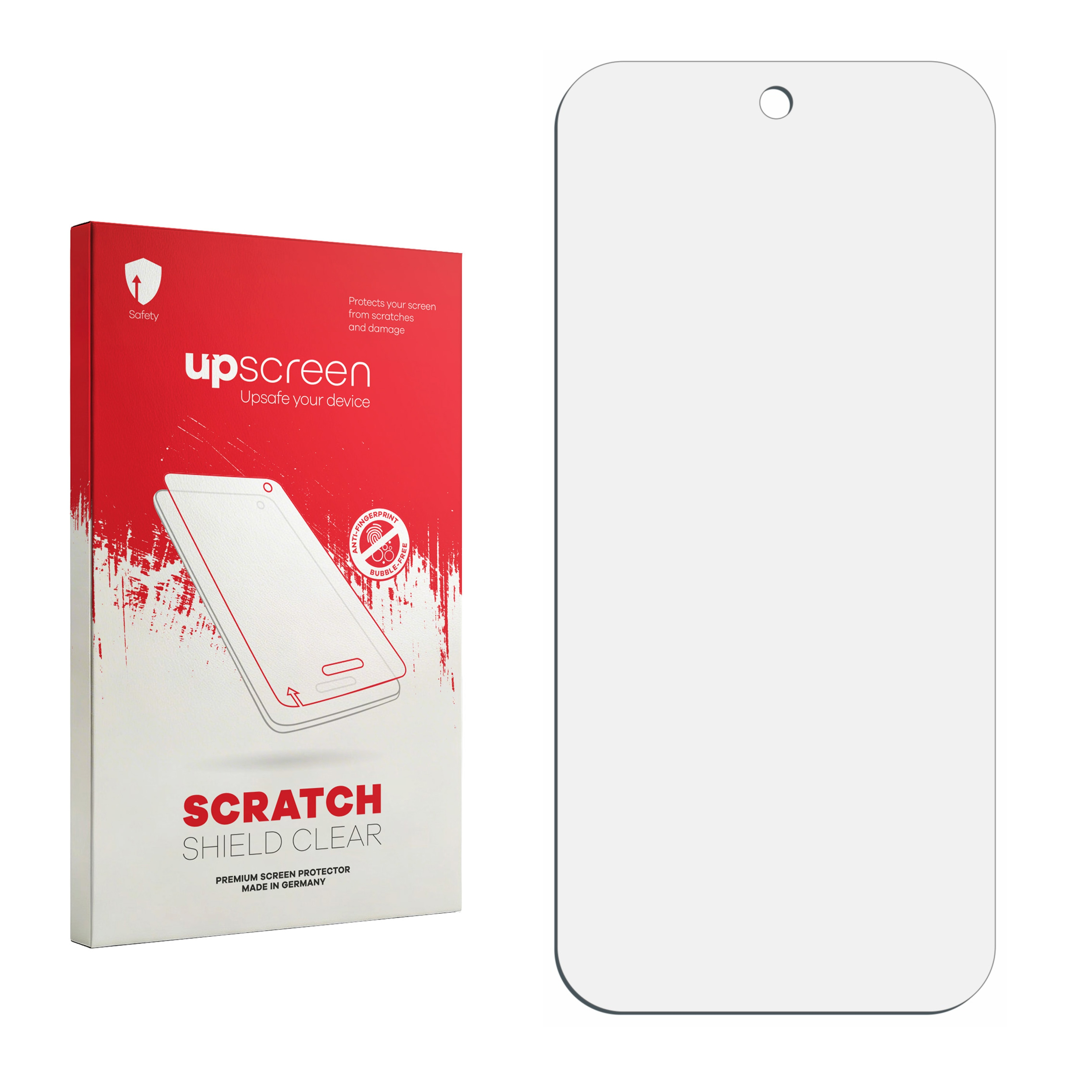Eine upScreen Scratch Shield Clear Displayschutzfolie mit roter Verpackungsbox.