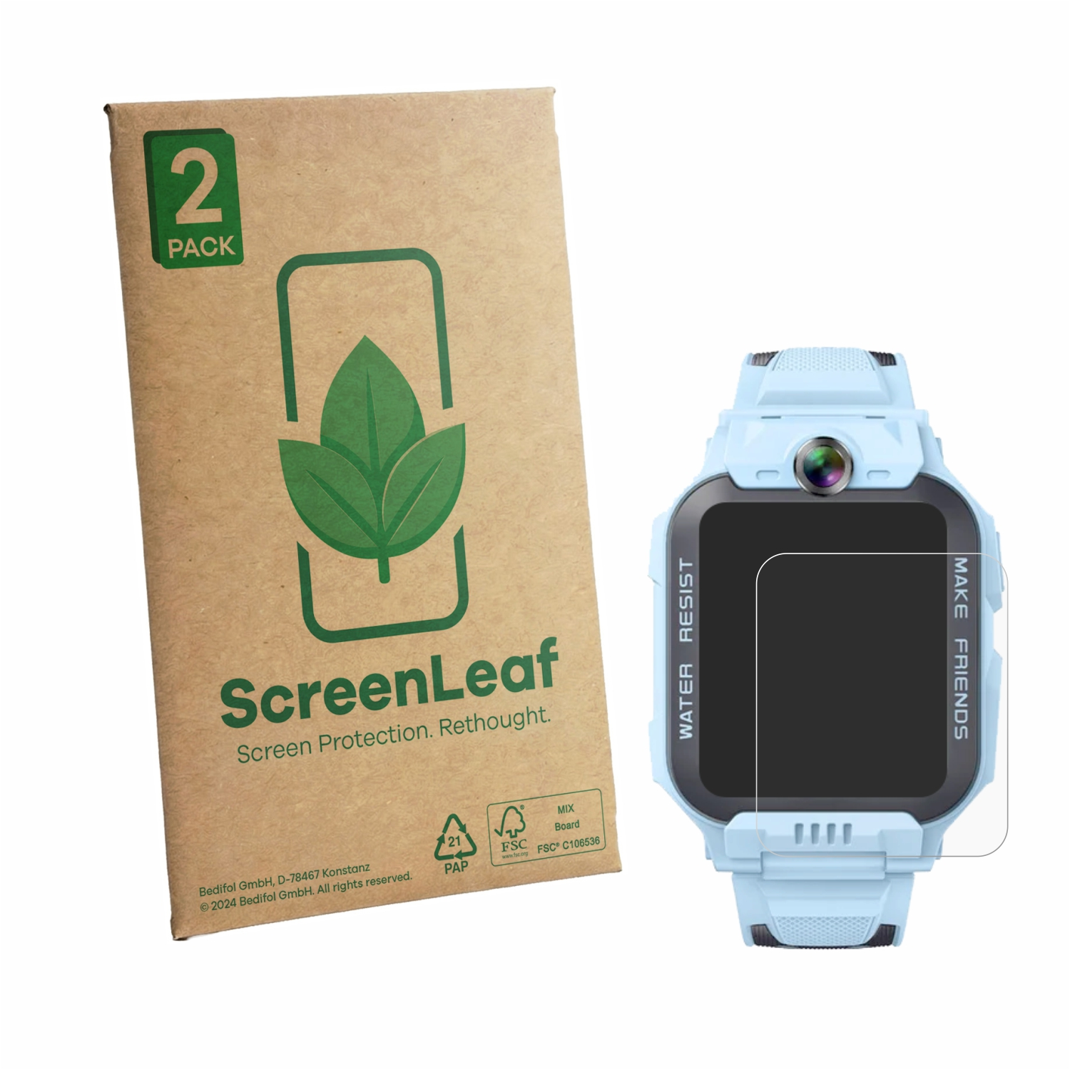 Eine hellblaue Kindersmartwatch neben einer umweltfreundlichen Kartonverpackung mit grünem Blatt-Logo.