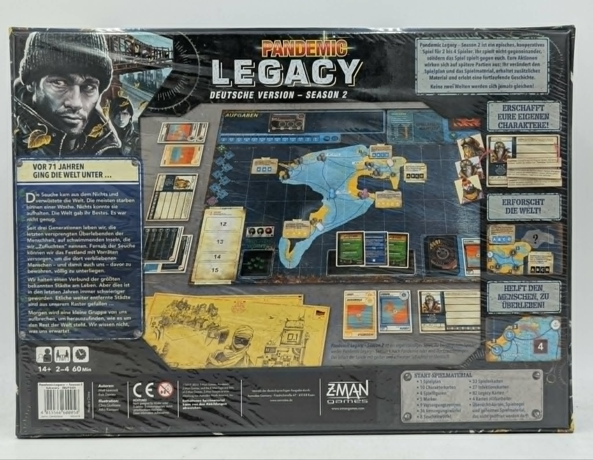 Rückseite der Brettspielverpackung von Pandemic Legacy Season 2 mit Spielkarten und Übersichtskarte.