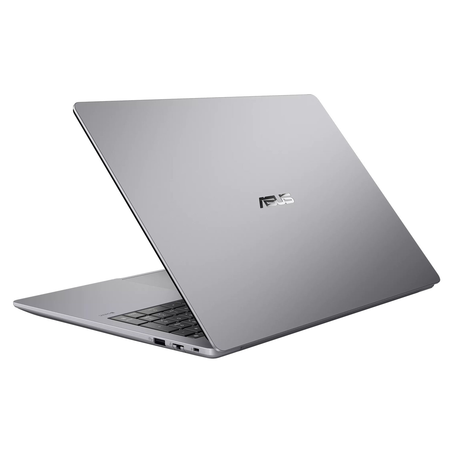 Siyah arka plan üzerinde hafifçe açık duran gümüş renkli bir ASUS dizüstü bilgisayar.