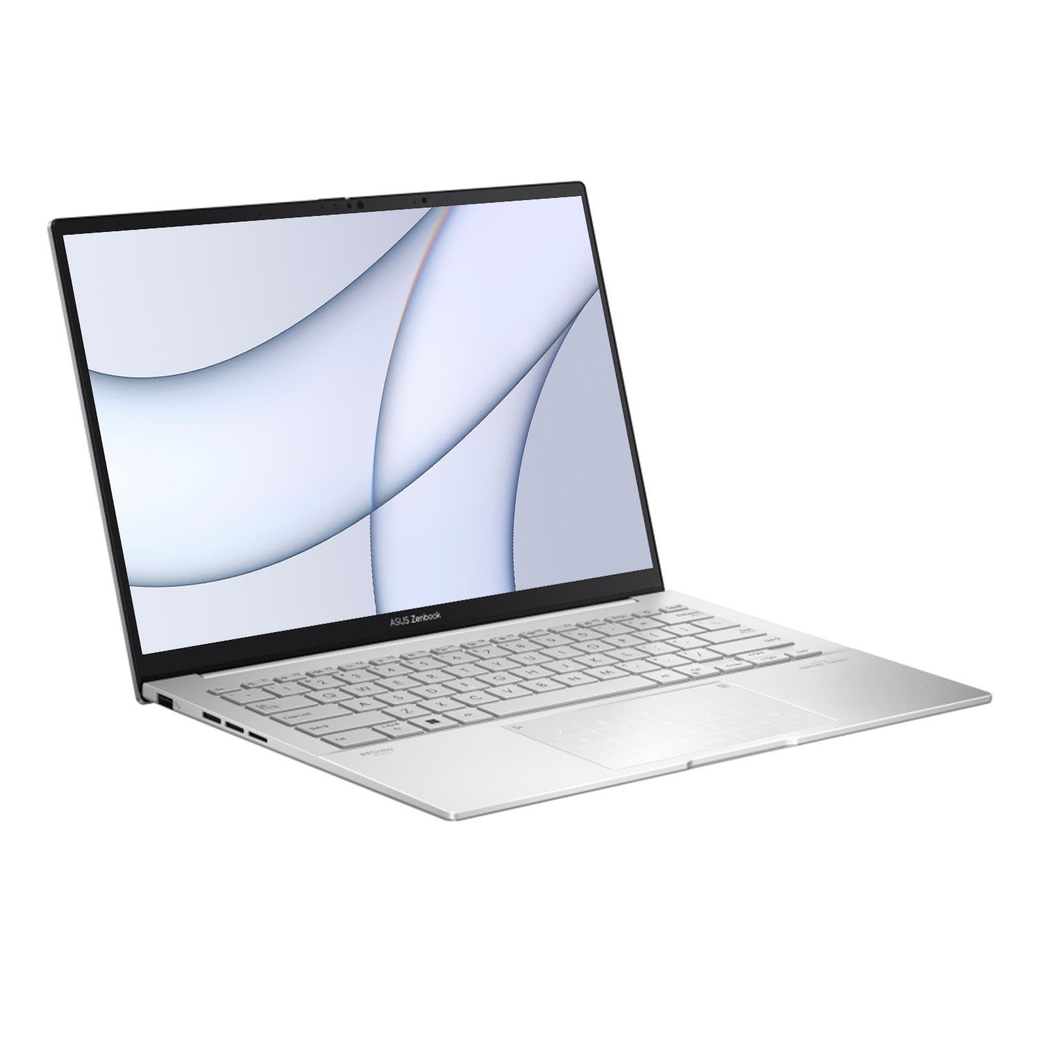 Beyaz arka planda açık, soyut mavi-beyaz duvar kağıdı gösteren gümüş renkli Asus Zenbook dizüstü bilgisayar.