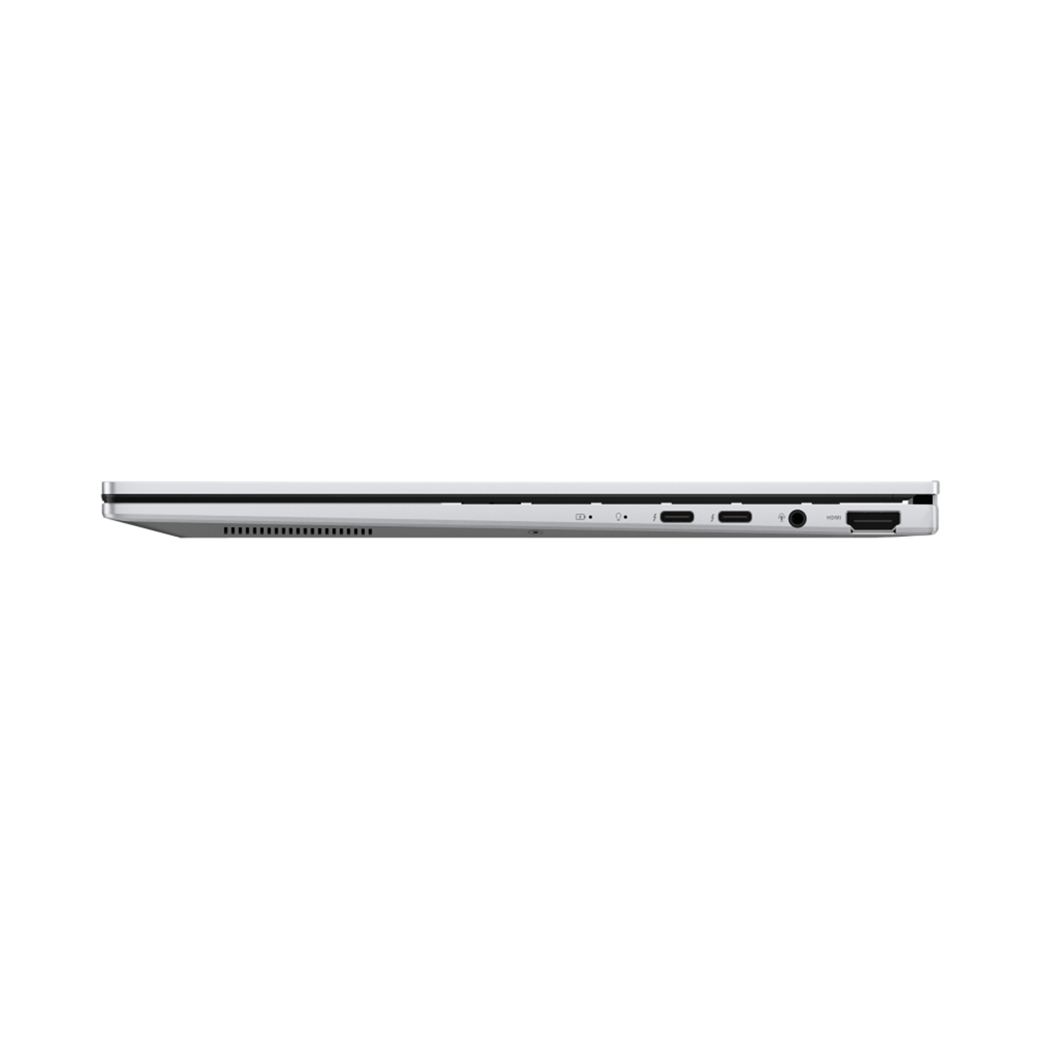 Beyaz arka planda USB-C, ses jakı ve HDMI gibi çeşitli bağlantı noktalarını gösteren gümüş renkli bir dizüstü bilgisayarın yan görünümü.