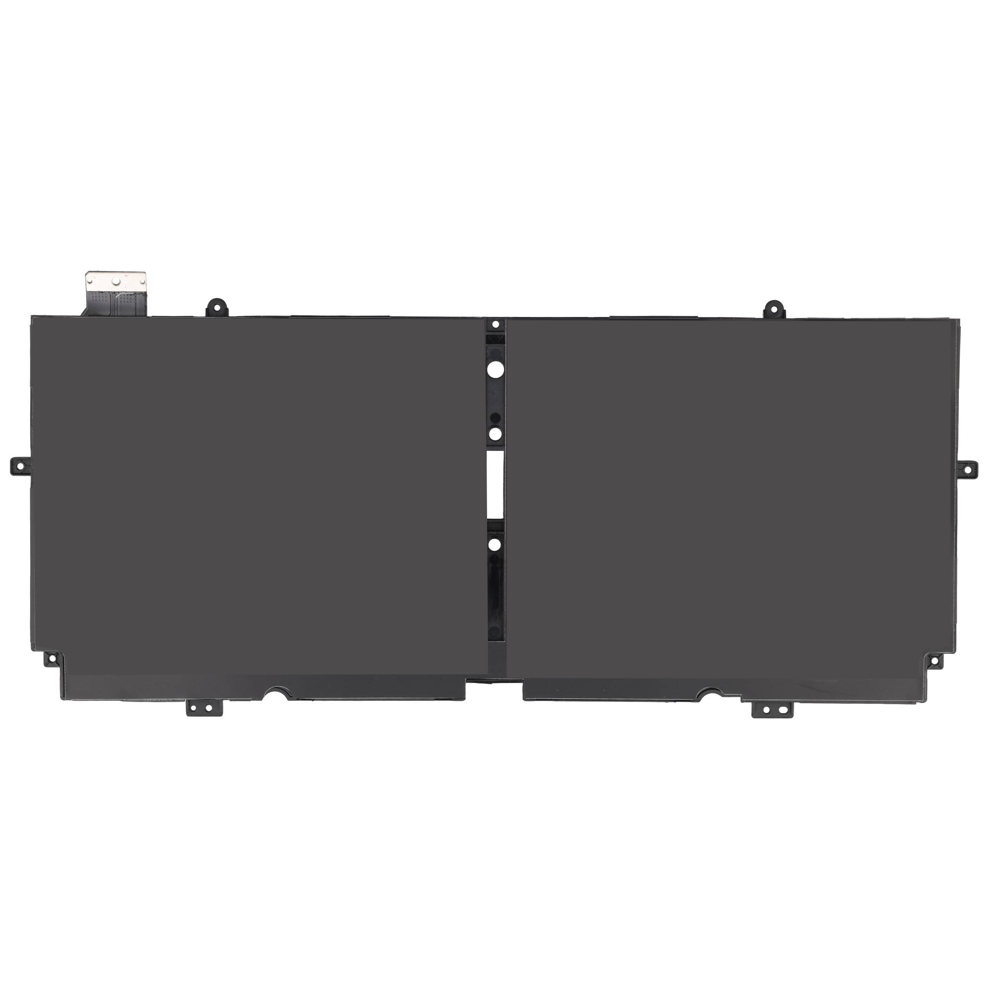 Flacher, schwarzer Laptop-Akku mit rechteckigem Design und integriertem Anschlusskabel.