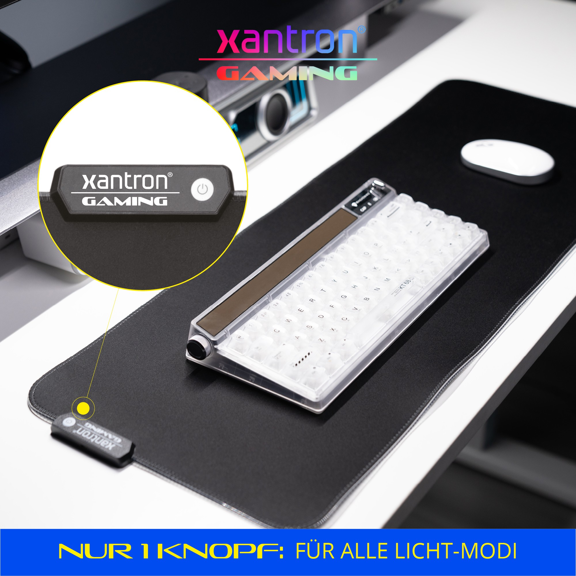 Xantron Gaming-Mauspad mit beleuchteter Steuerung, weißer Tastatur und Maus auf Schreibtisch.
