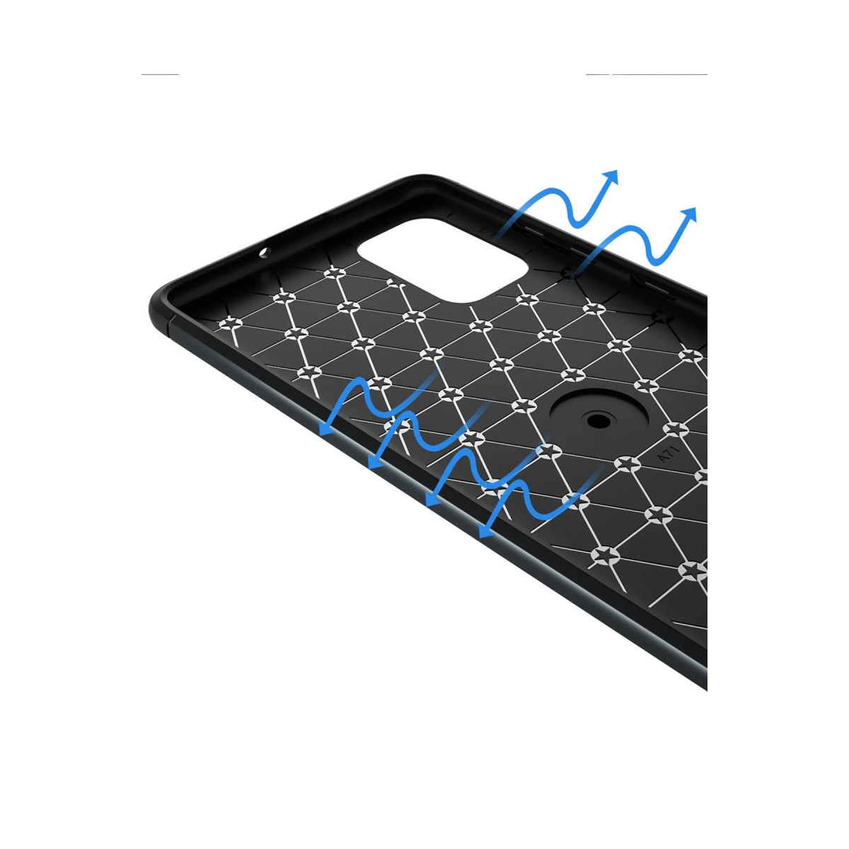 Geometrik desenli ve mavi hava akışı oklarına sahip siyah telefon kılıfının iç görünümü.