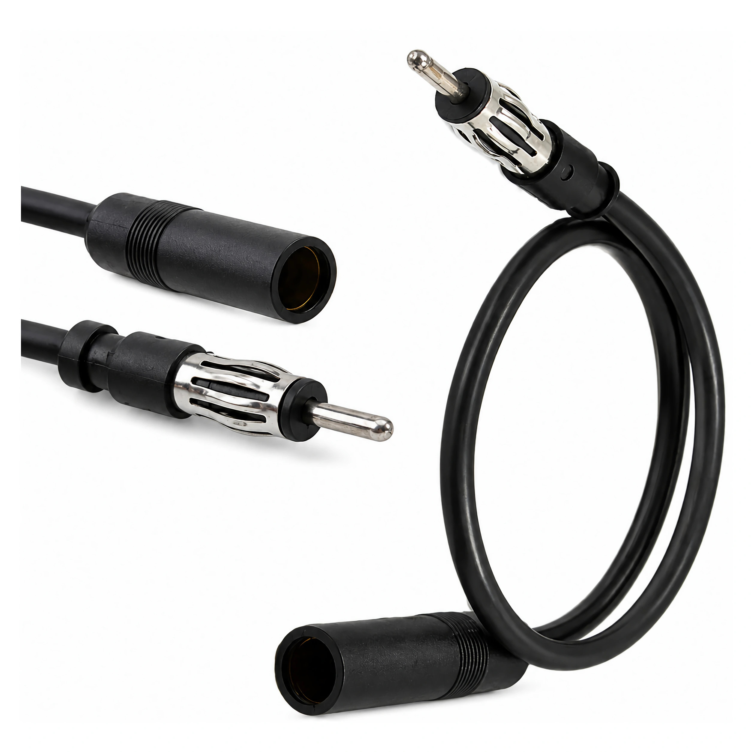 Schwarzes Antennenkabel mit Stecker und Buchse auf weißem Hintergrund.