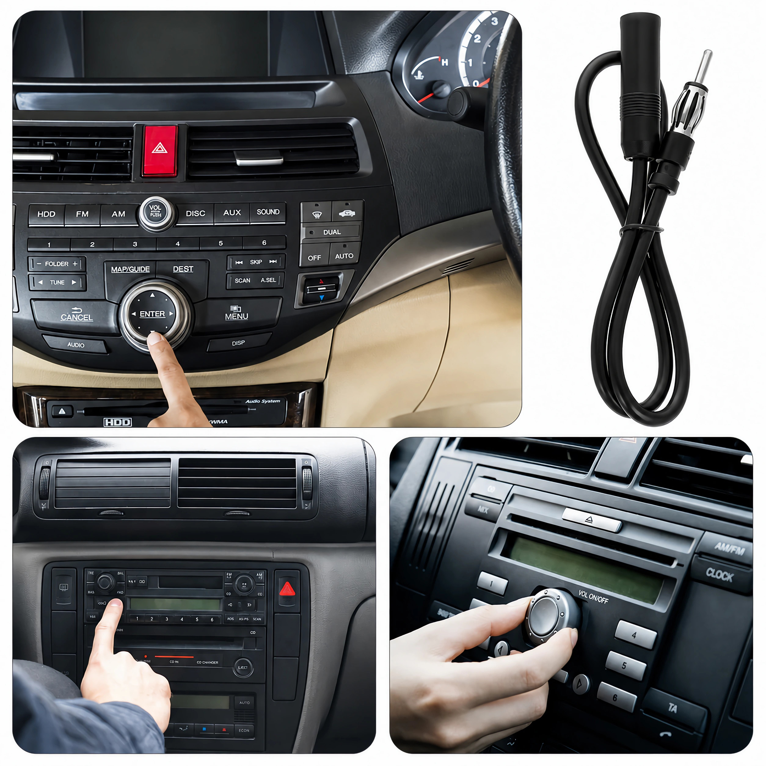 Eine Collage mit Auto-Audiosystemen, Knöpfen und einem Antennenkabel vor weißem Hintergrund.