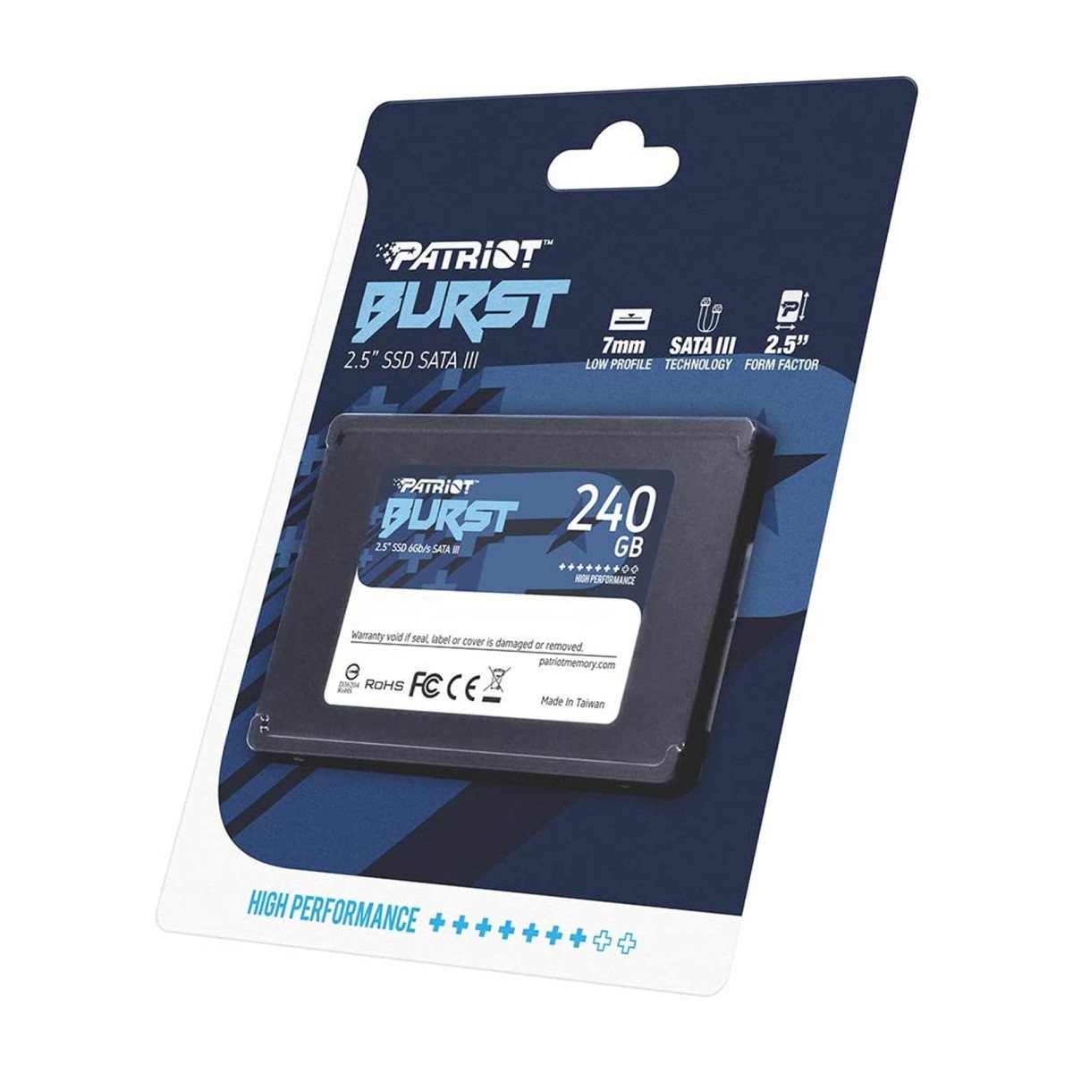 Dysk SSD Patriot Burst 240 GB w zamkniętym niebiesko-białym opakowaniu.