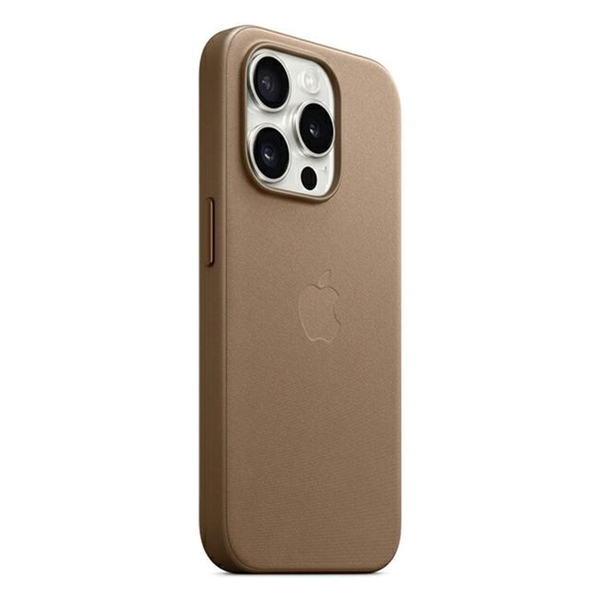 Una custodia marrone per iPhone con logo Apple e tripla fotocamera su sfondo bianco.
