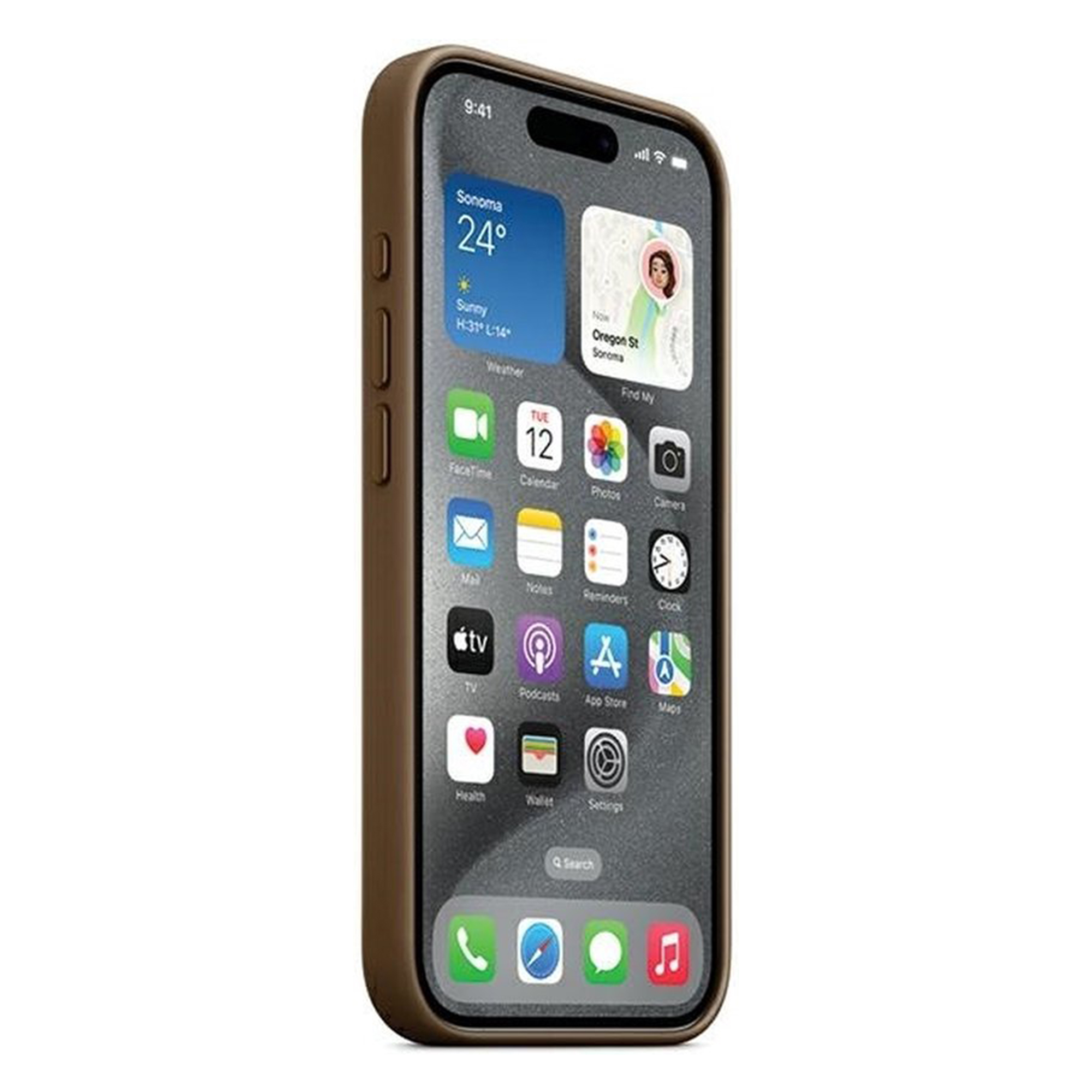 Uno smartphone in custodia marrone mostra app e widget sullo schermo.
