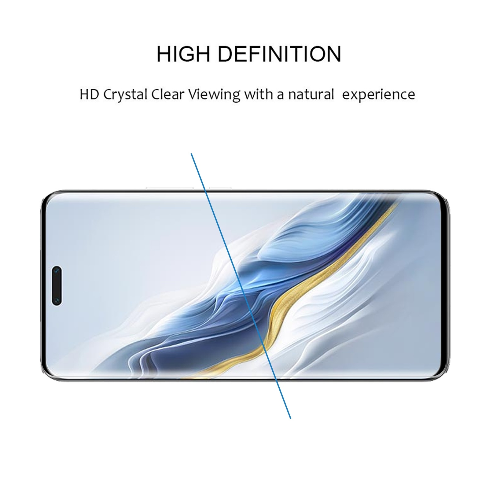 Smartphone che mostra uno sfondo astratto in alta definizione con onde blu e oro.