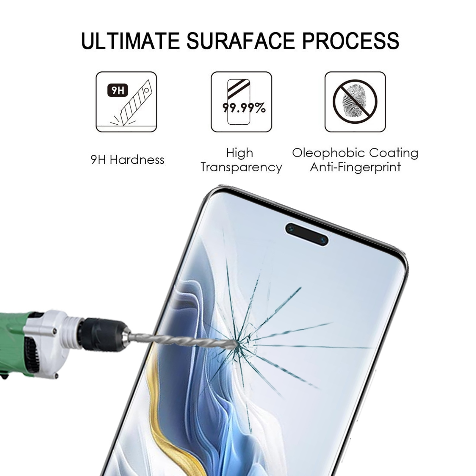 Grafica sulla protezione del telefono: durezza 9H, alta trasparenza, rivestimento oleofobico e test del trapano.