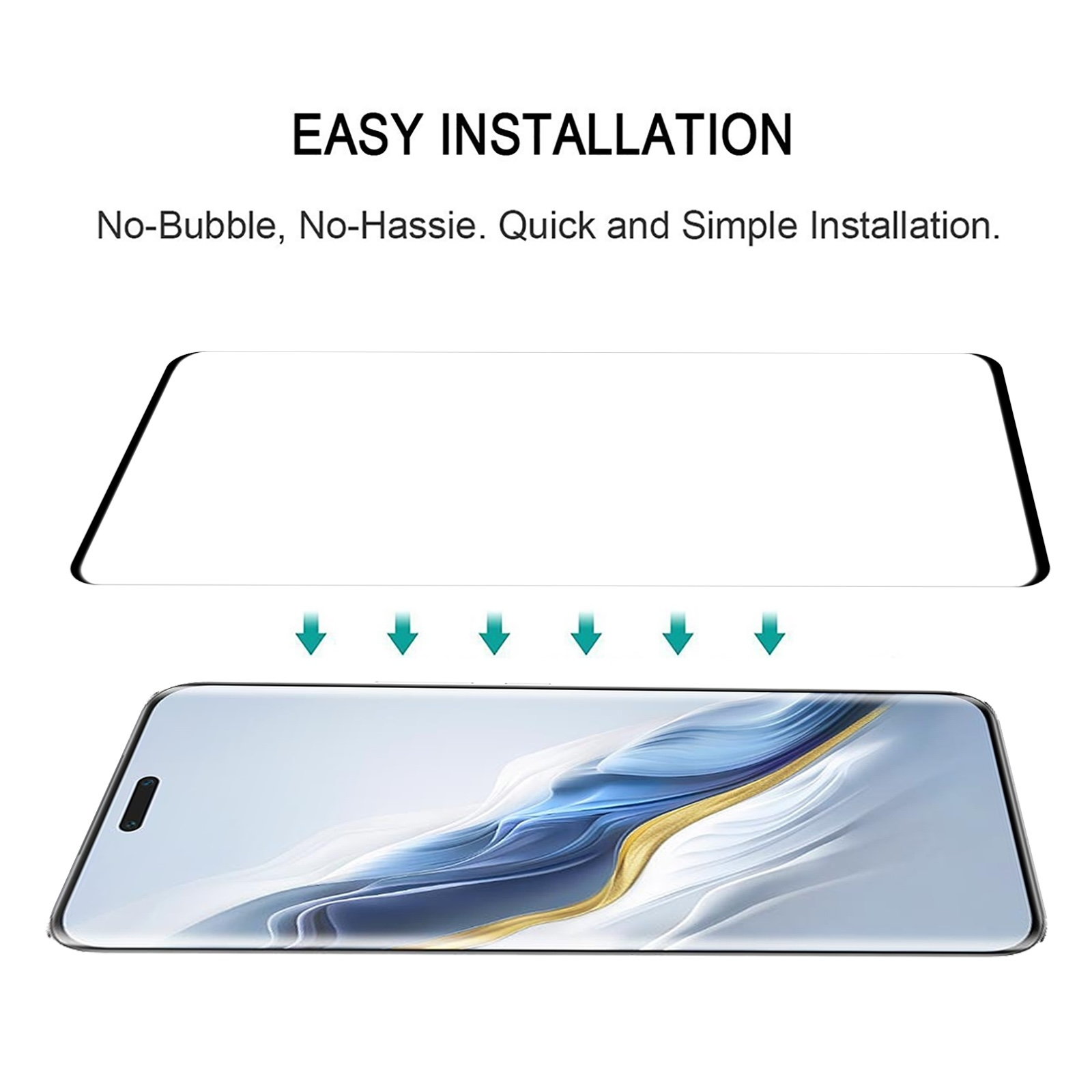 Grafica che mostra la facile installazione di una pellicola protettiva con un vetro applicato a uno smartphone tramite frecce verdi.