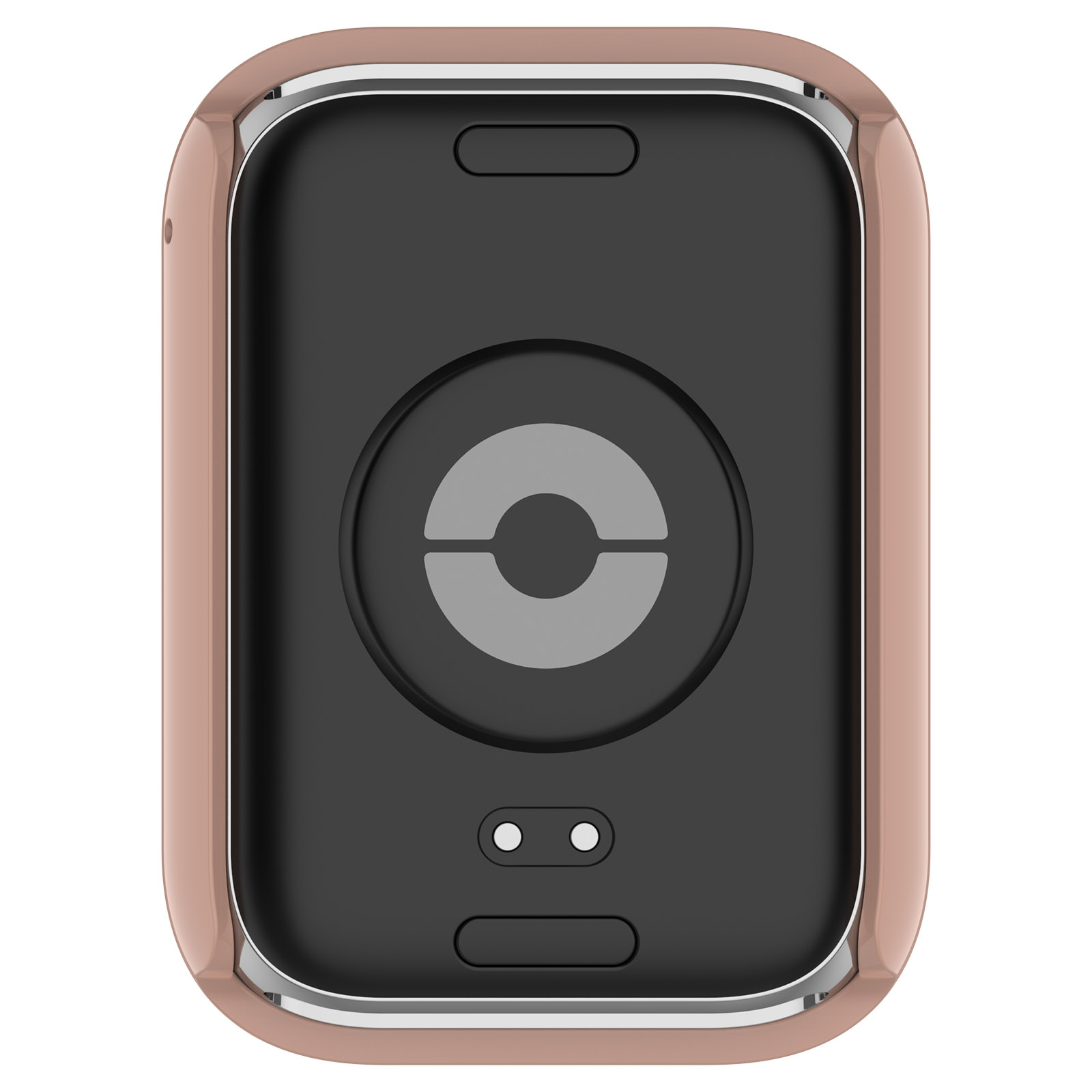 Rückseite einer rosafarbenen Smartwatch mit Sensoren und Ladeanschlüssen auf schwarzem Hintergrund.