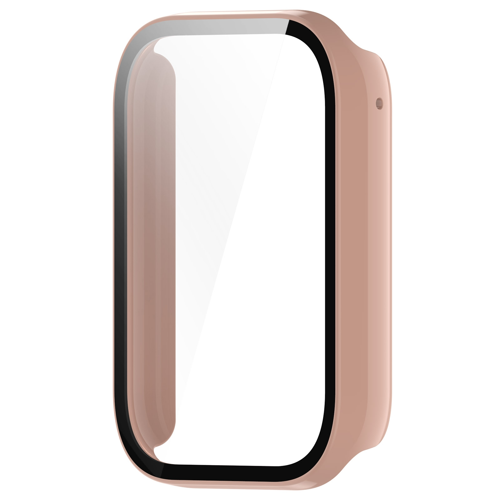 Ein roségoldenes Smartwatch-Gehäuse mit integriertem Bildschirmschutz auf weißem Hintergrund.