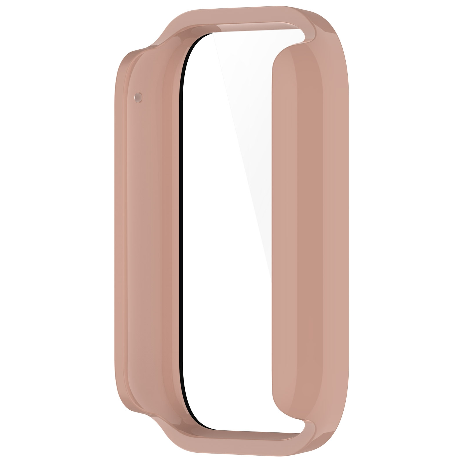 Ein glänzendes, roségoldenes Smartwatch-Gehäuse auf weißem Hintergrund.