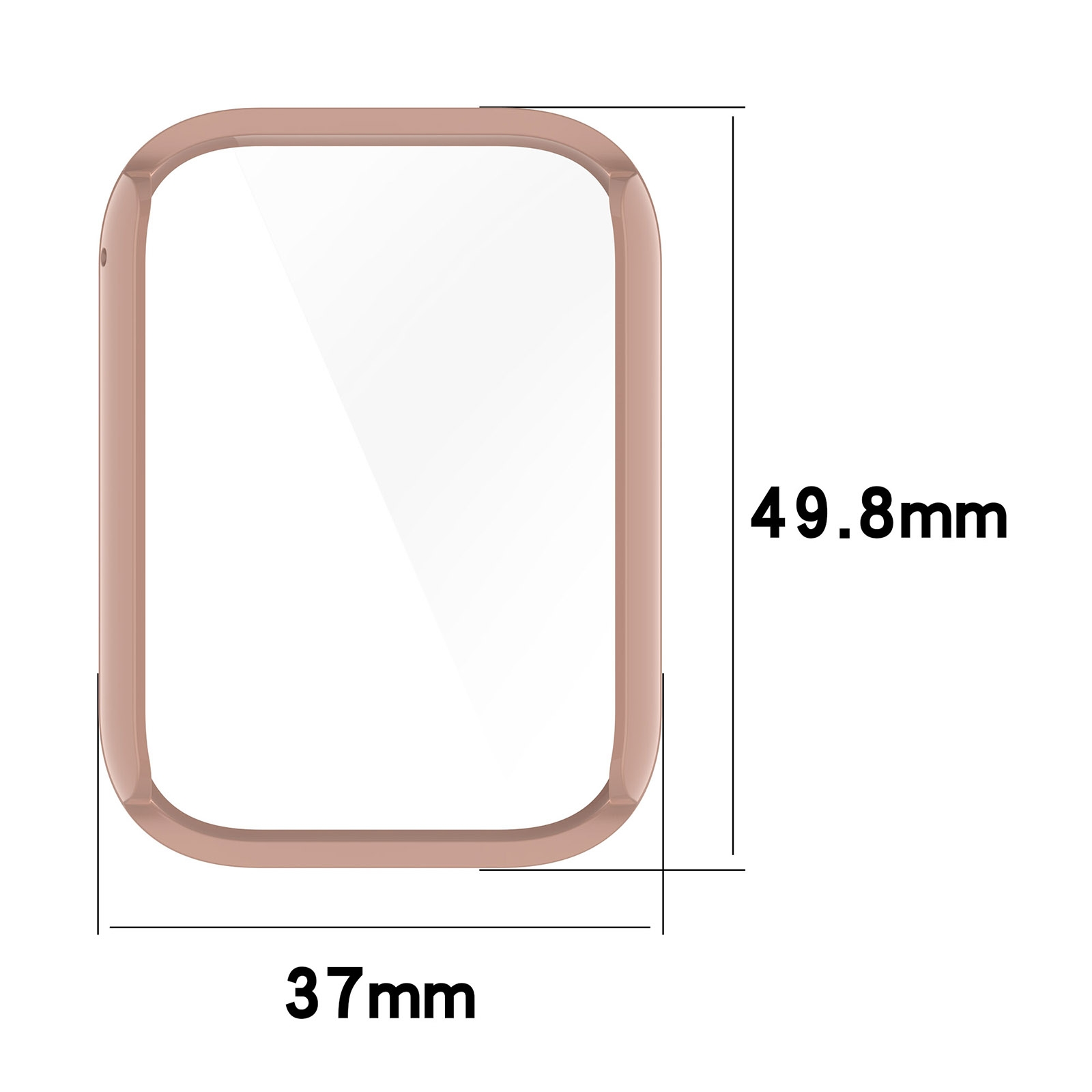 Ein roségoldenes Smartwatch-Gehäuse mit Abmessungen von 49,8 mm Höhe und 37 mm Breite.