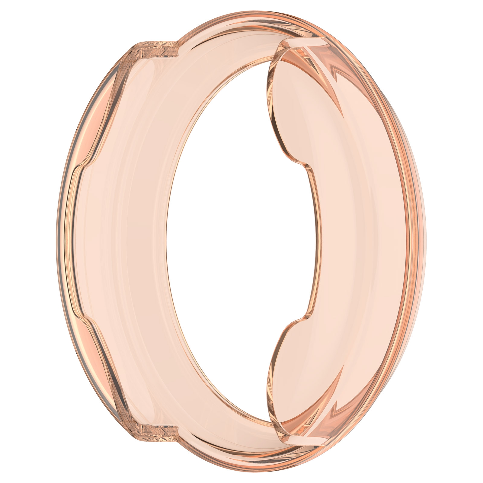 Ein glänzendes, roségoldenes Smartwatch-Gehäuse auf weißem Hintergrund.