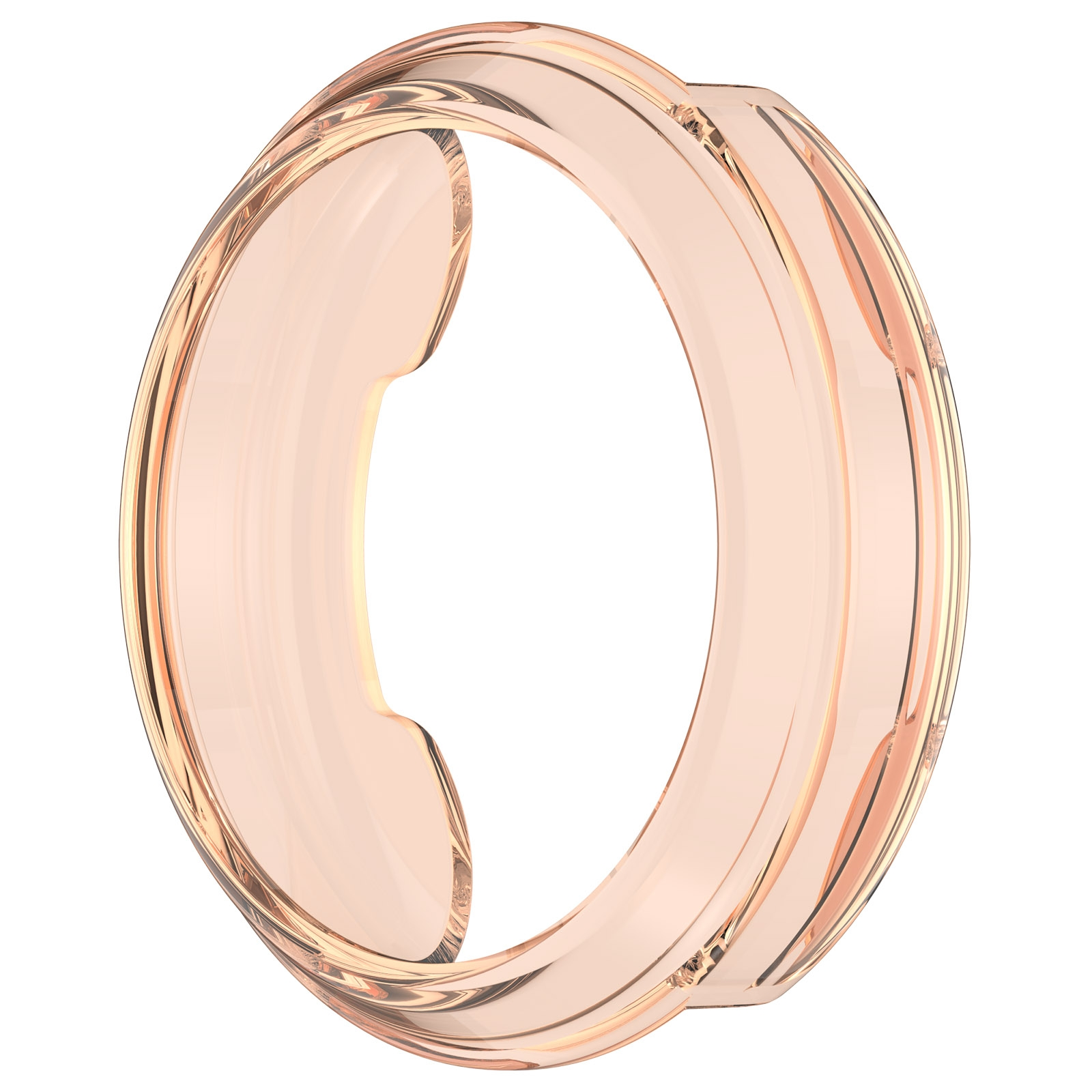 Ein roségoldener Ring mit flacher Kante auf weißem Hintergrund.