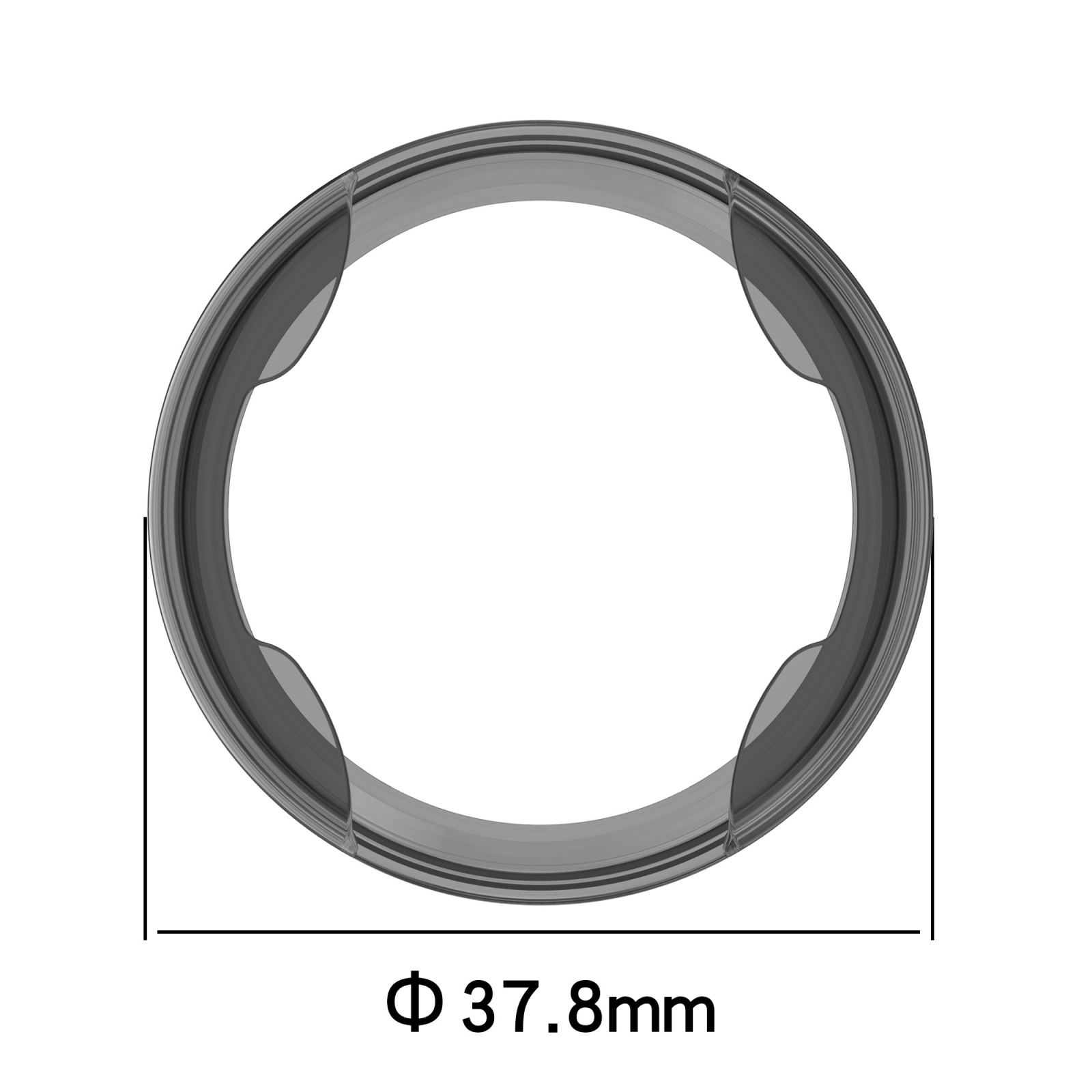 Top-Down-Ansicht eines grauen Rings mit einer Länge von 37.8 mm auf weißem Hintergrund.