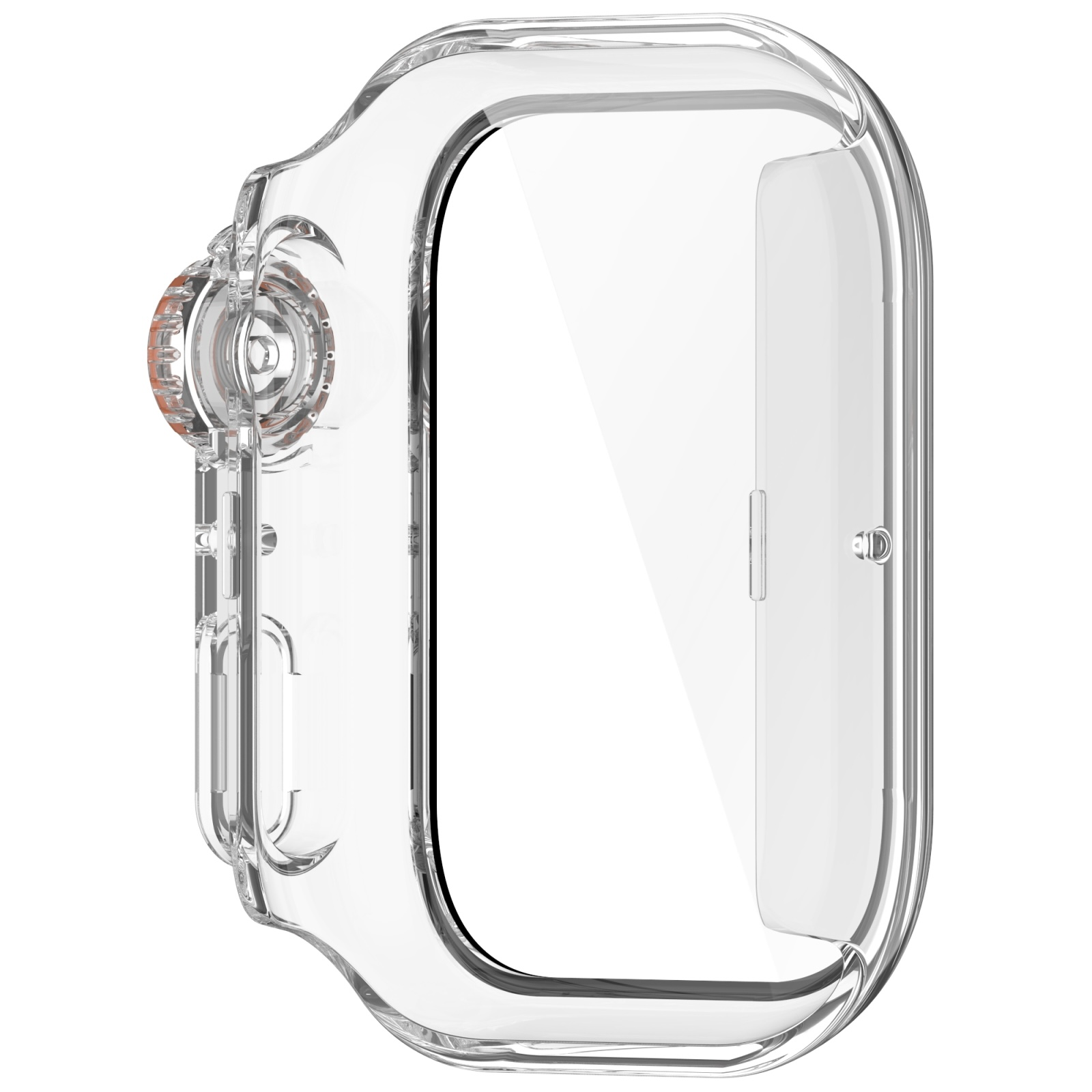Custodia protettiva trasparente per smartwatch con dettaglio arancione sulla rotella.