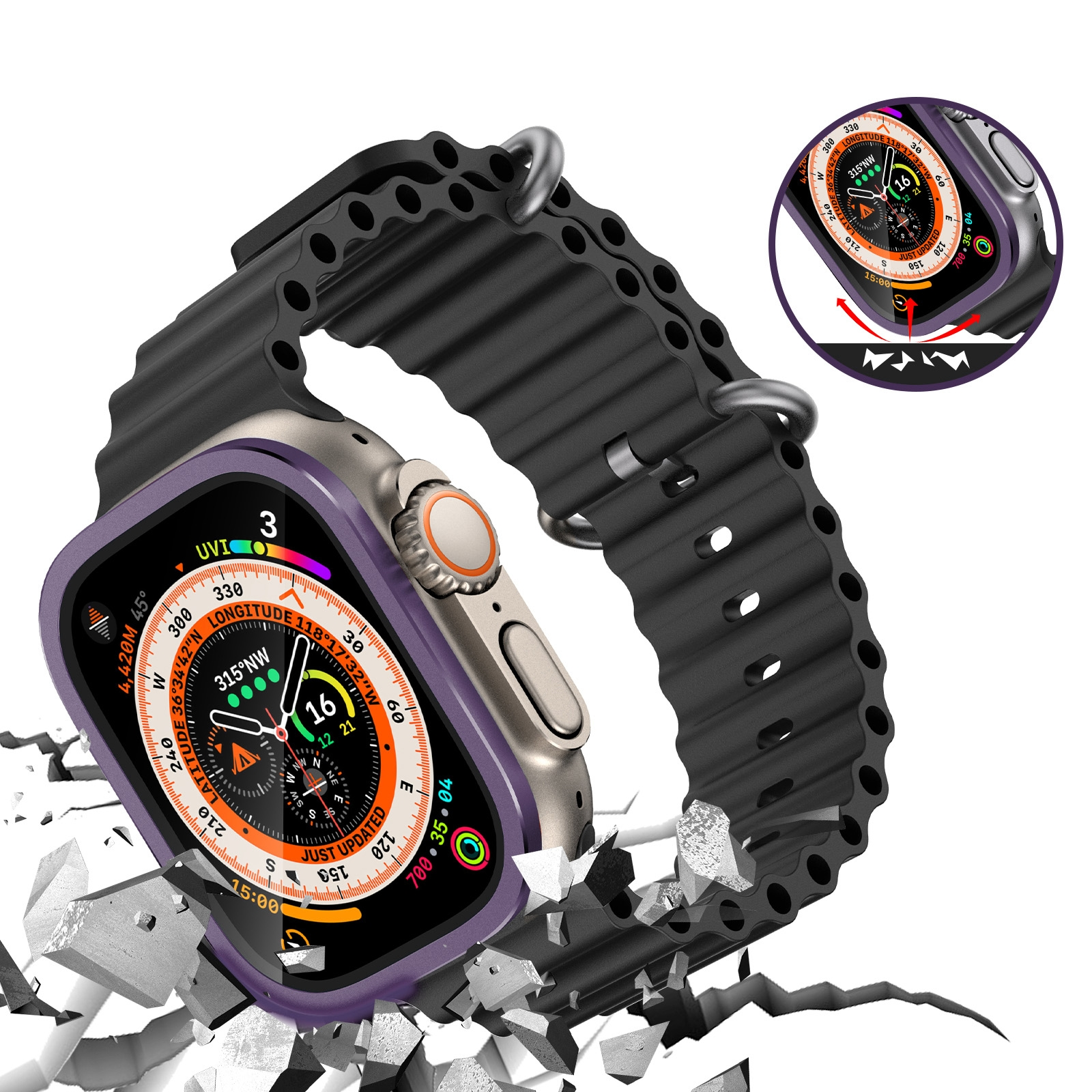 Eine Smartwatch mit schwarzem Silikonarmband und bunten Zifferblattdetails bricht durch eine betonartige Oberfläche.