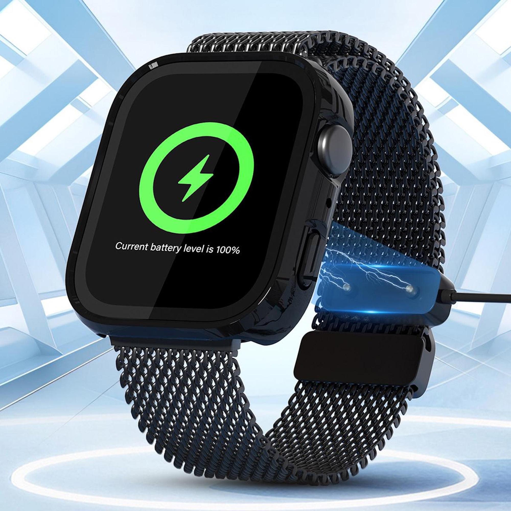 Uno smartwatch nero con cinturino in maglia è in carica, con un cerchio verde e 100% di batteria sullo schermo.