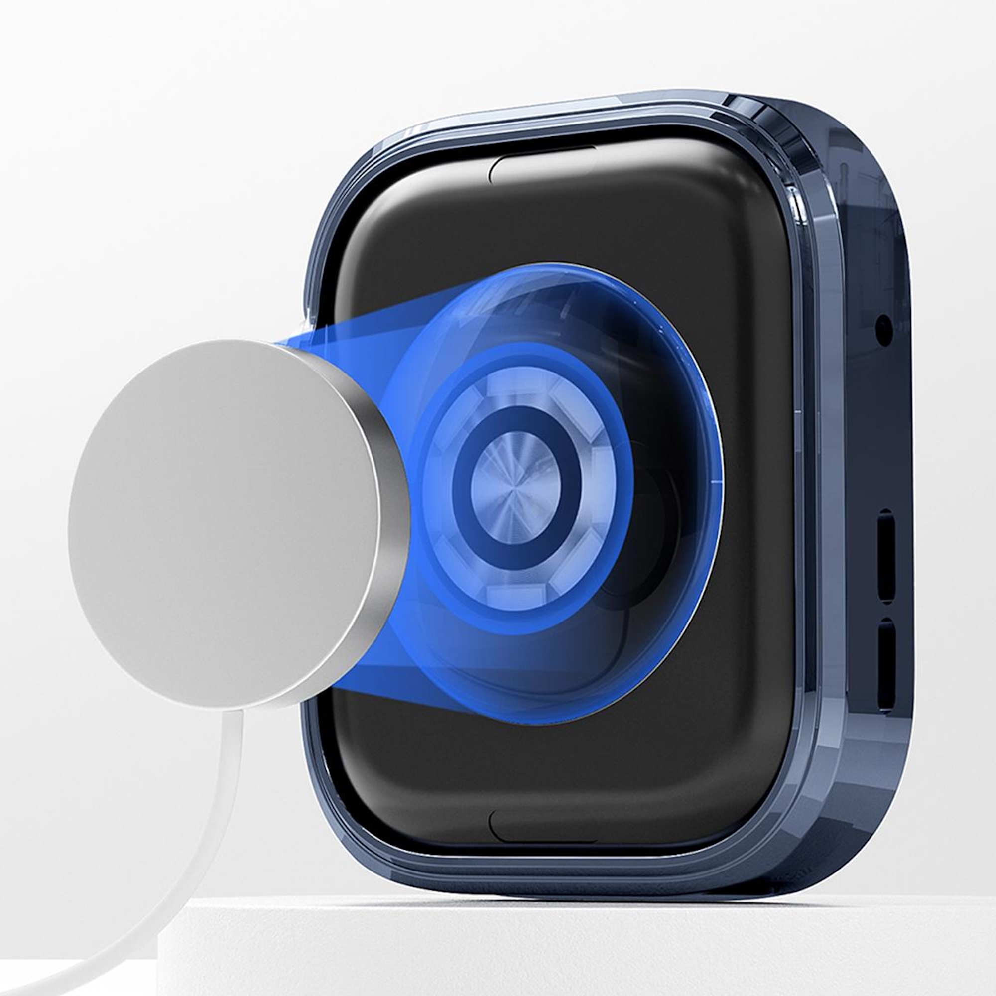 Eine Smartwatch wird drahtlos von einem runden, magnetischen Ladegerät aufgeladen, projiziert ein blaues Licht.