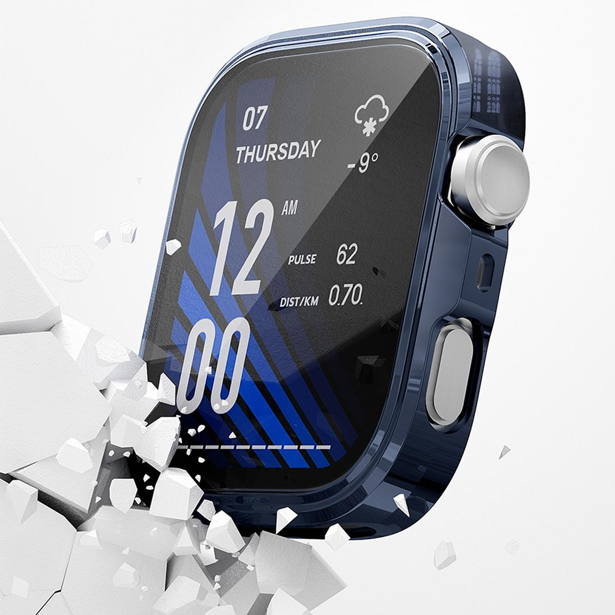Blaue Smartwatch mit digitalem Zifferblatt bricht durch weiße Wand.