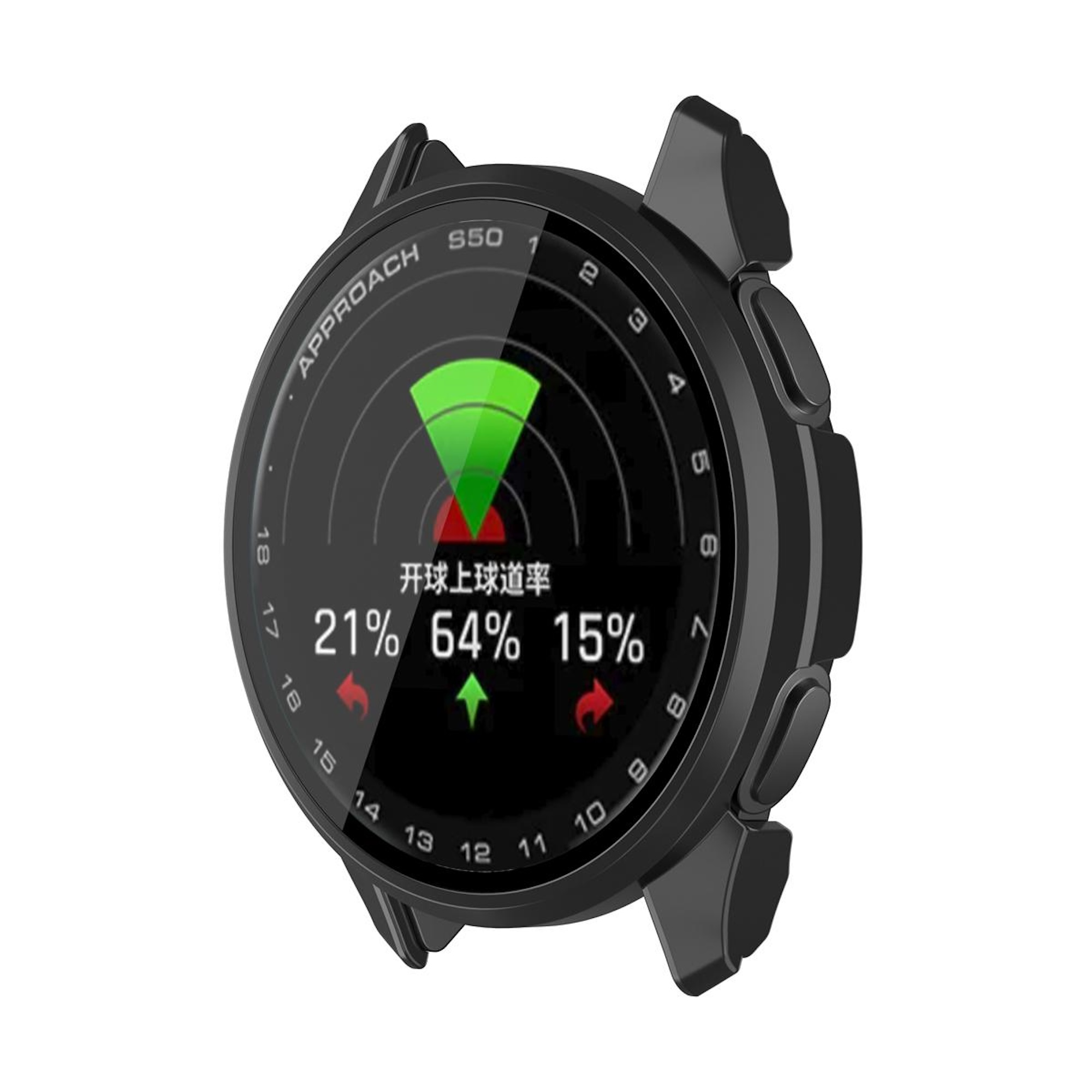 Schwarze Smartwatch mit runder Anzeige zeigt Statistiken wie 21%, 64% und 15% mit grünen und roten Symbolen.