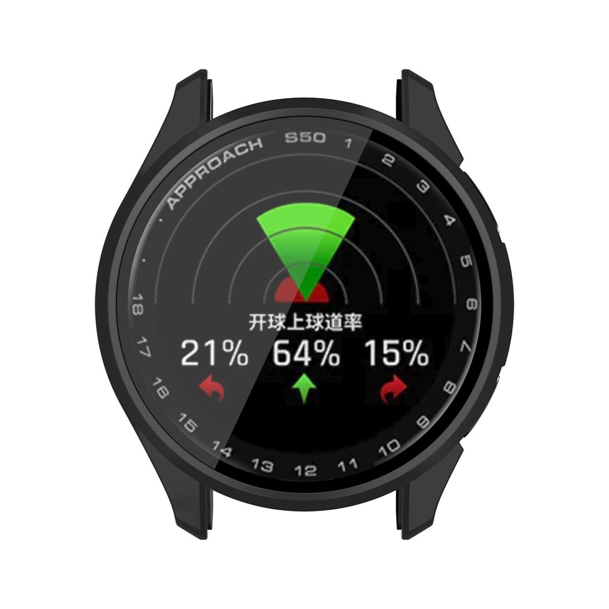 Schwarze Smartwatch mit runden Zifferblatt zeigt grüne Sektoren und Prozentzahlen.