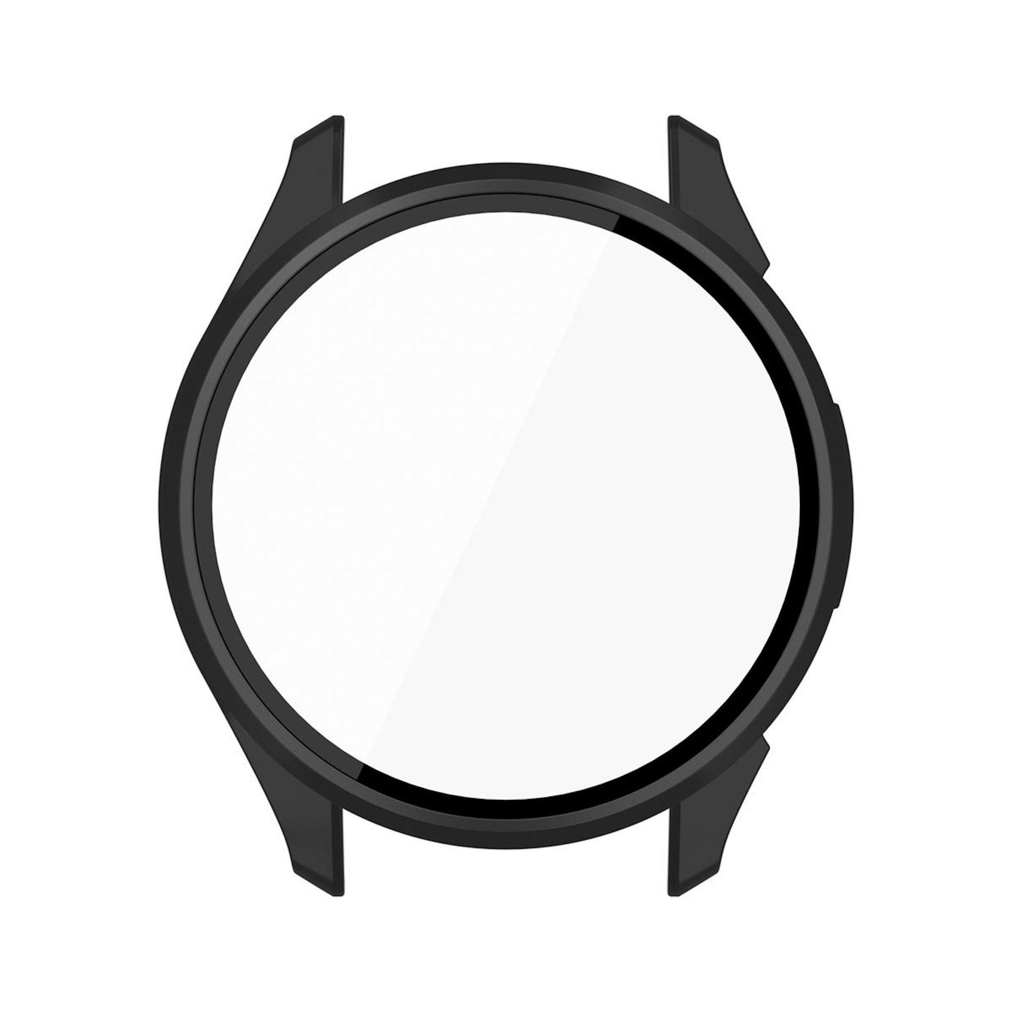 Ein schwarzes Smartwatch-Gehäuse mit rundem, leerem weißen Display auf weißem Hintergrund.