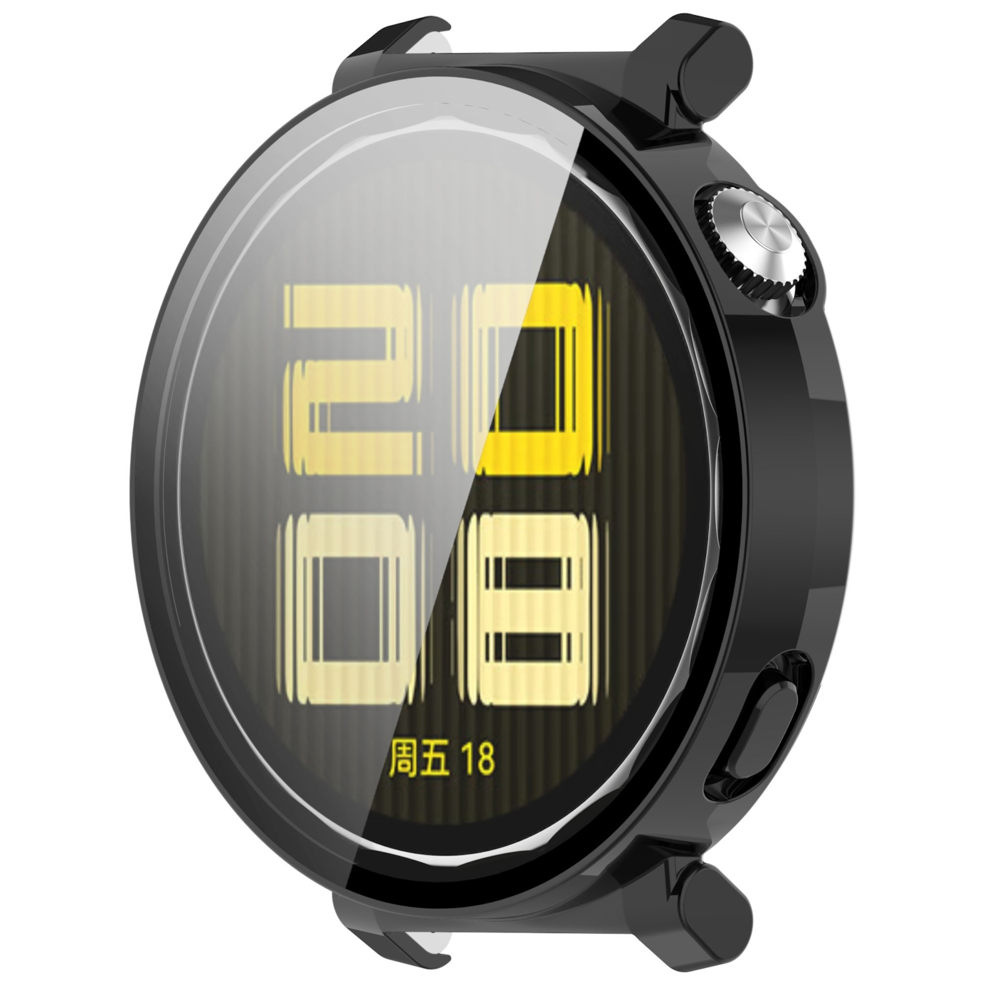 Eine schwarze Smartwatch mit rundem Display zeigt die gelben Ziffern 20:08 und chinesische Schriftzeichen.