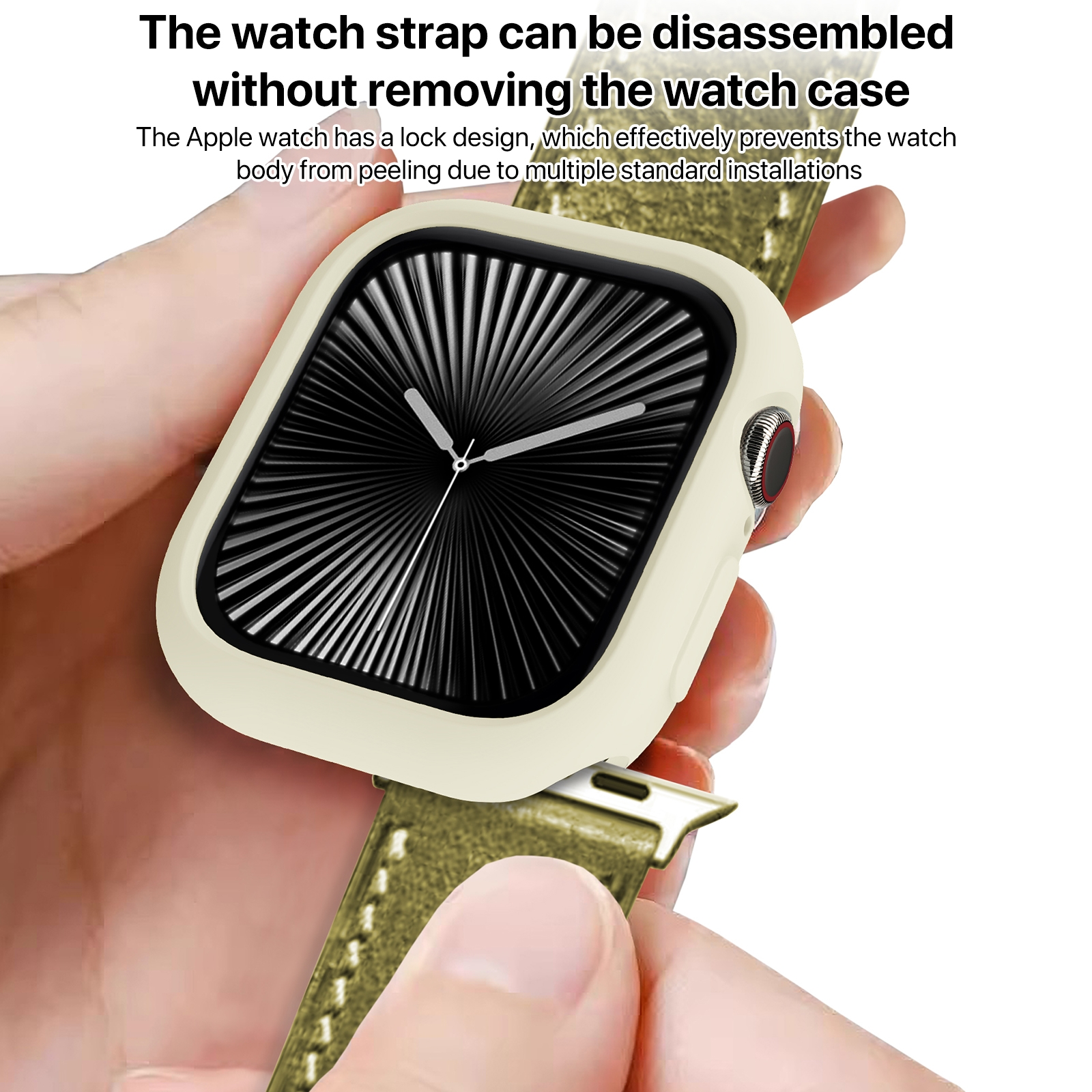 Hände halten eine Apple Watch mit beigem Case und olivgrünem Lederarmband.