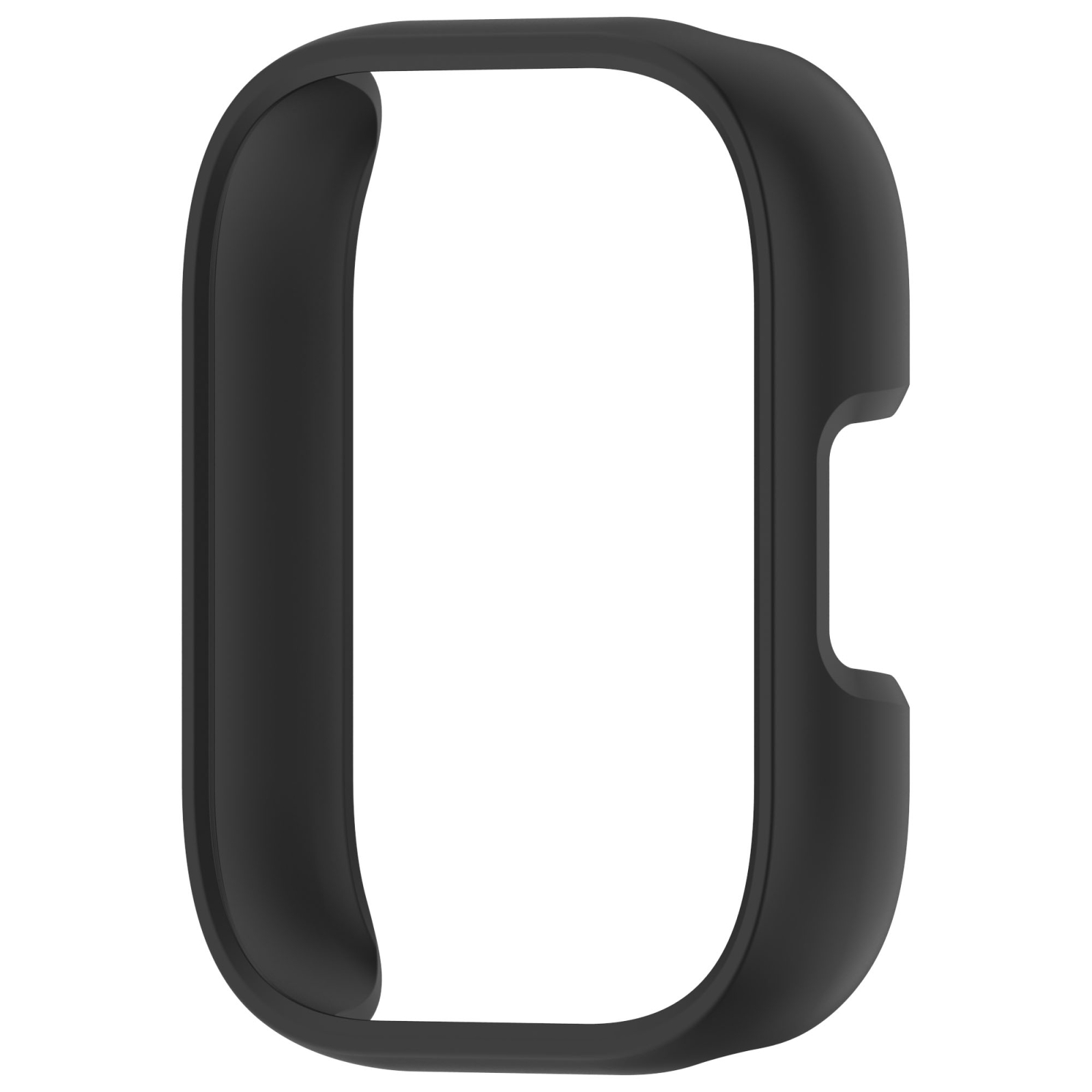 Eine schwarze Schutzhülle für eine rechteckige Smartwatch vor weißem Hintergrund.