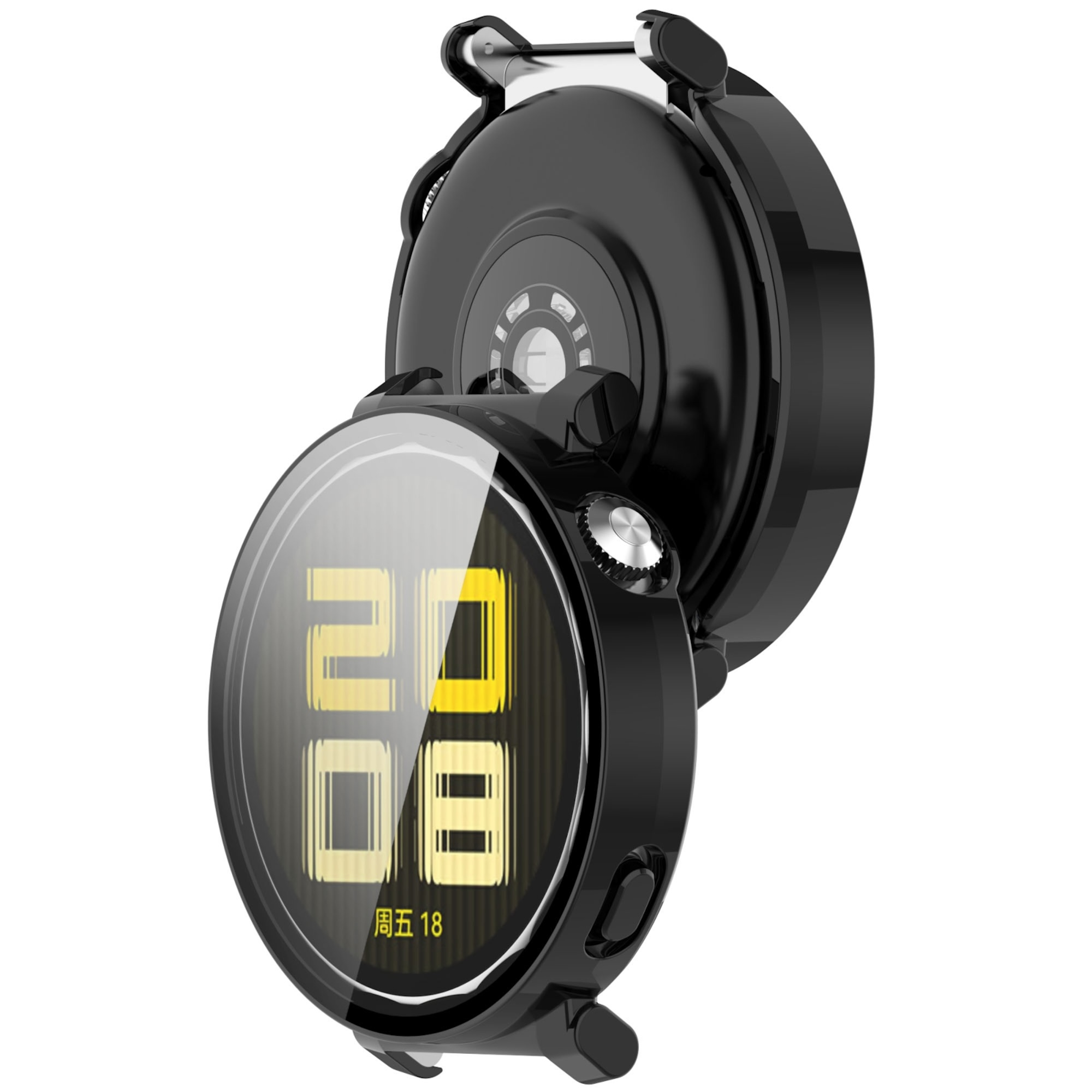 Schwarze Smartwatch mit rundem Gehäuse, digitaler Anzeige und Seitentaste vor weißem Hintergrund.