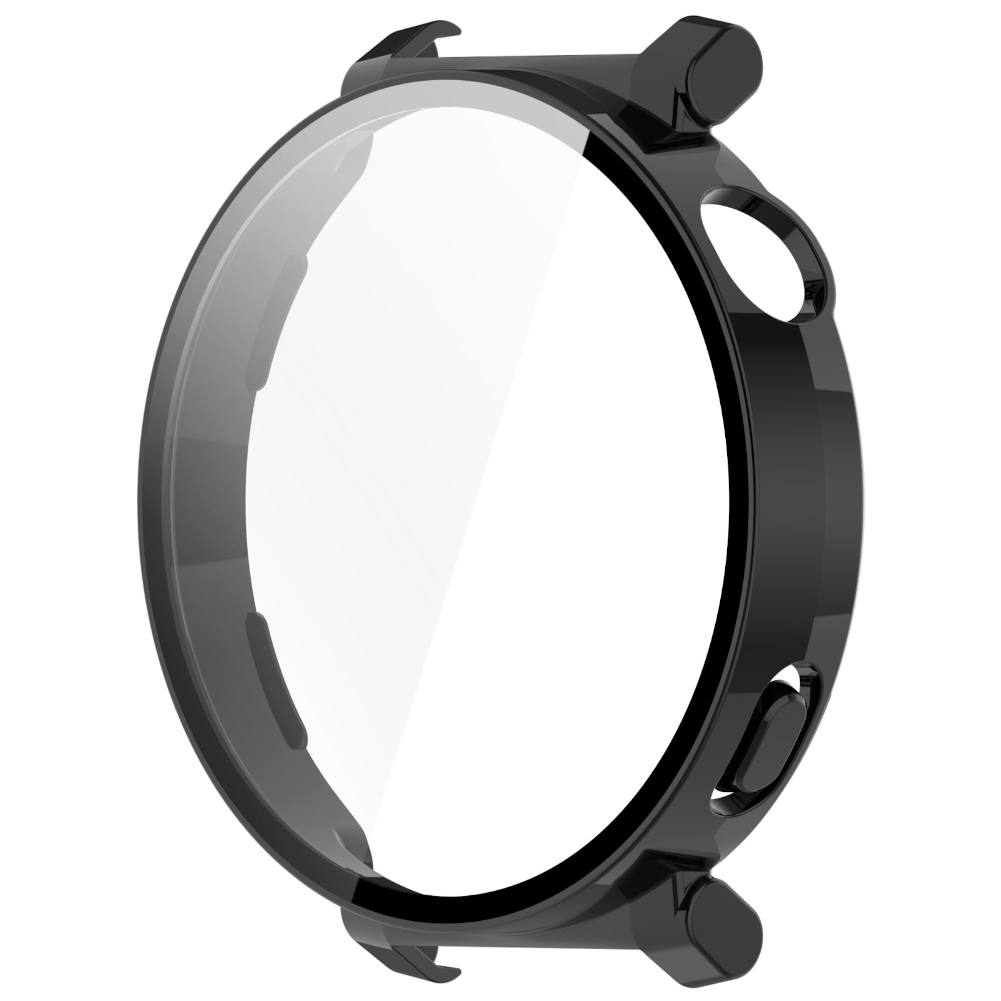 Glänzendes schwarzes Smartwatch-Gehäuse mit integriertem Displayschutz auf weißem Hintergrund.