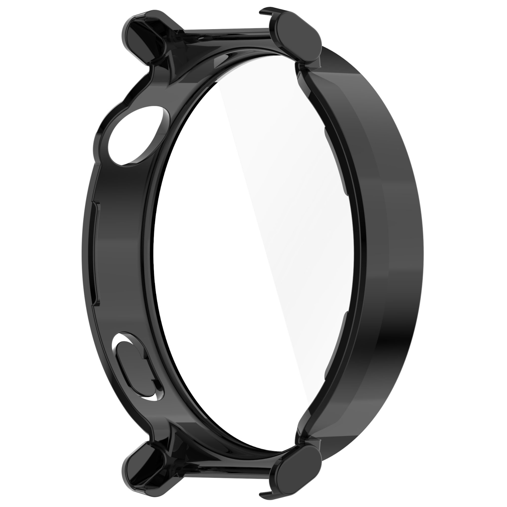 Ein glänzendes, schwarzes Smartwatch-Gehäuse mit integriertem Bildschirmschutz auf weißem Hintergrund.