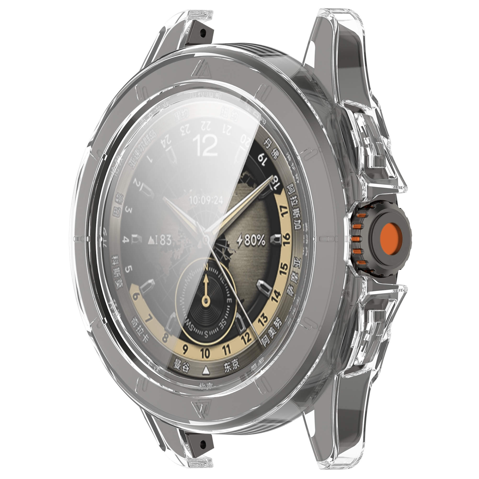 Eine schützende klare Hülle für eine Smartwatch mit grauem Gehäuse und orangefarbenem Akzent am Drehknopf.