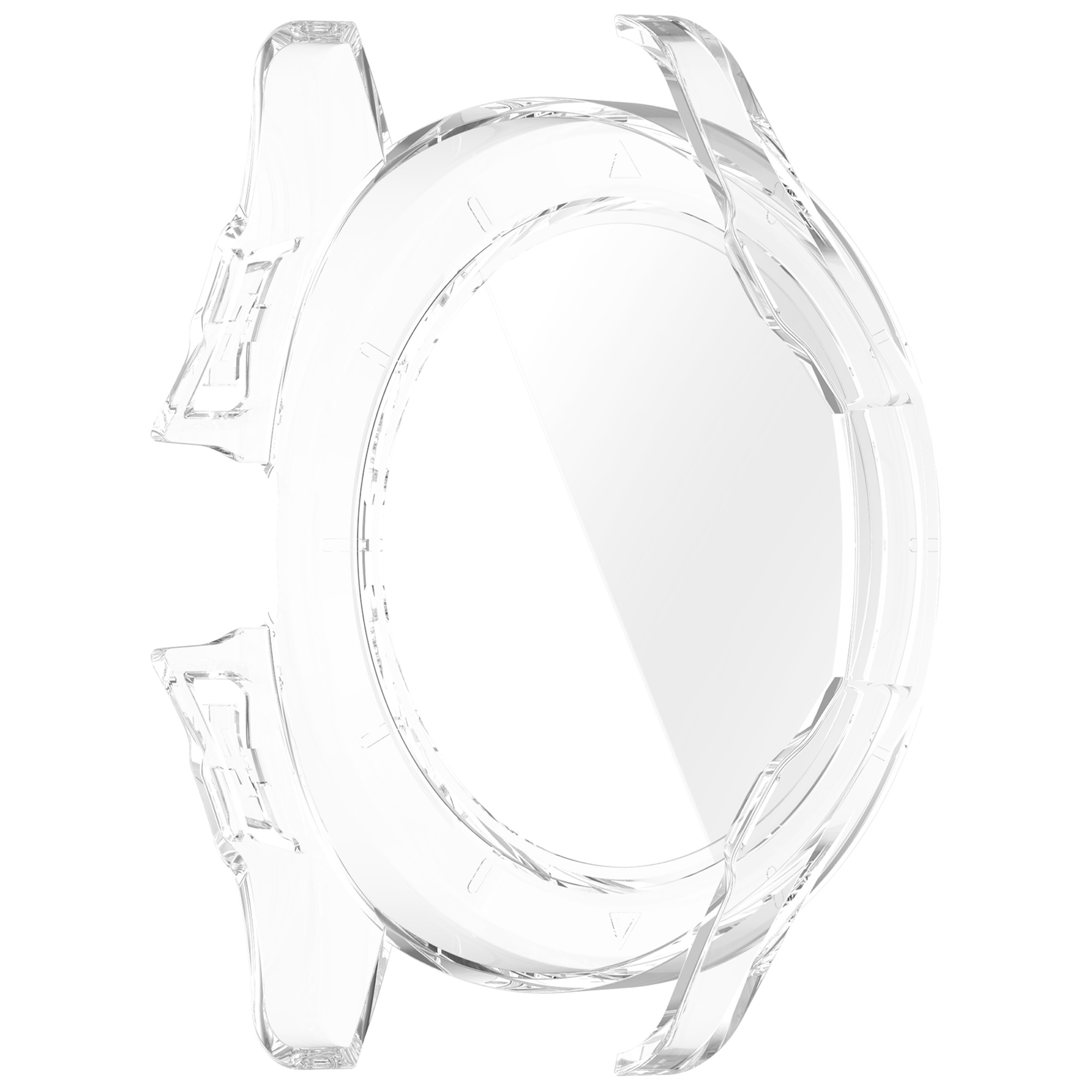 Eine klare, transparente Schutzhülle für eine Uhr vor weißem Hintergrund.