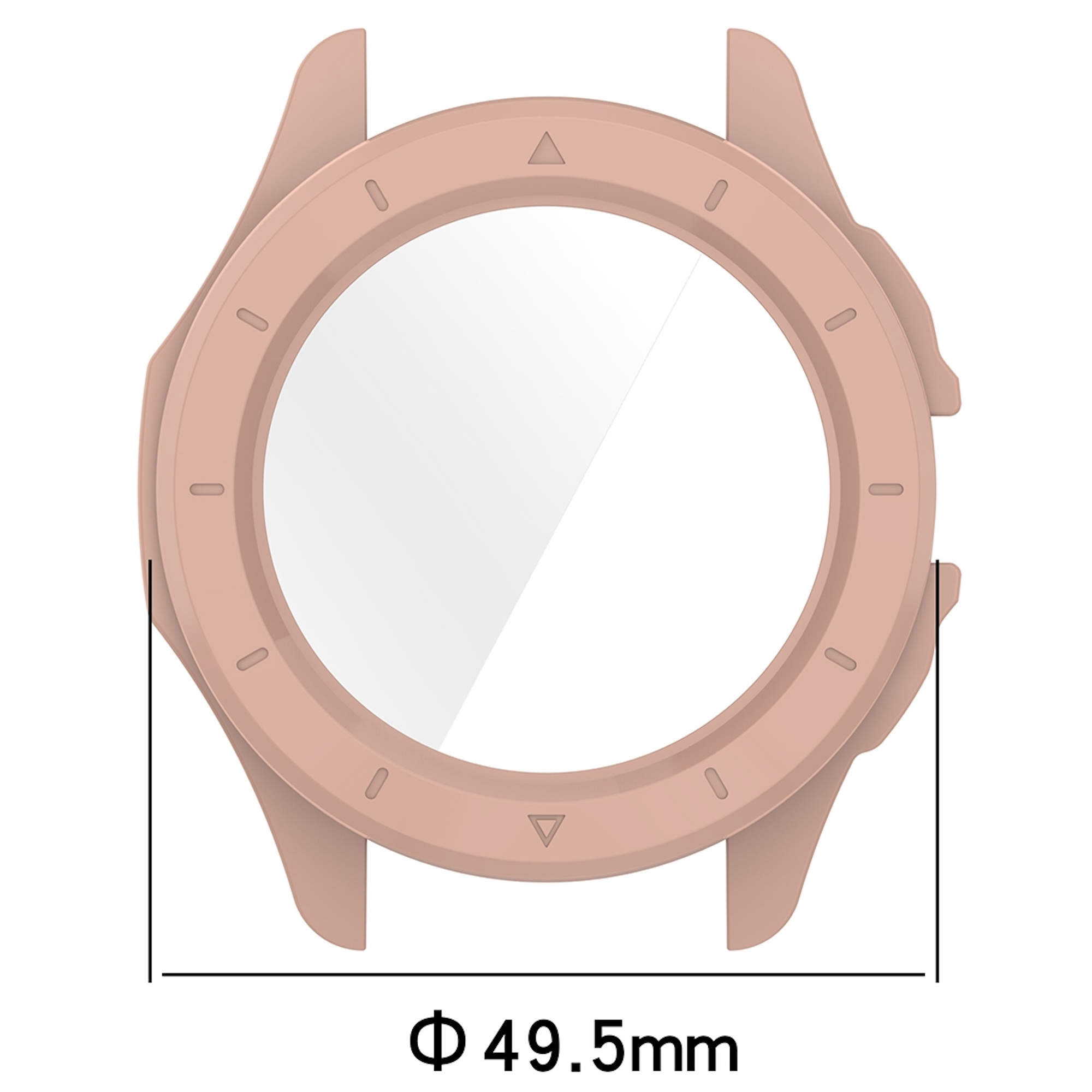 Rosa Smartwatch-Gehäuse mit einem Durchmesser von 49,5 mm auf weißem Hintergrund.