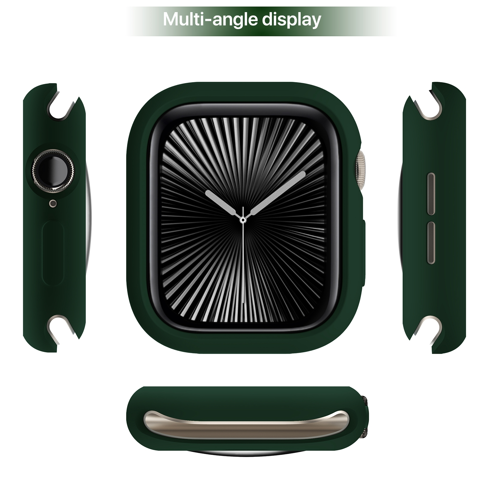Display multi-angolo di uno smartwatch verde con custodia protettiva mostrato da vari lati.